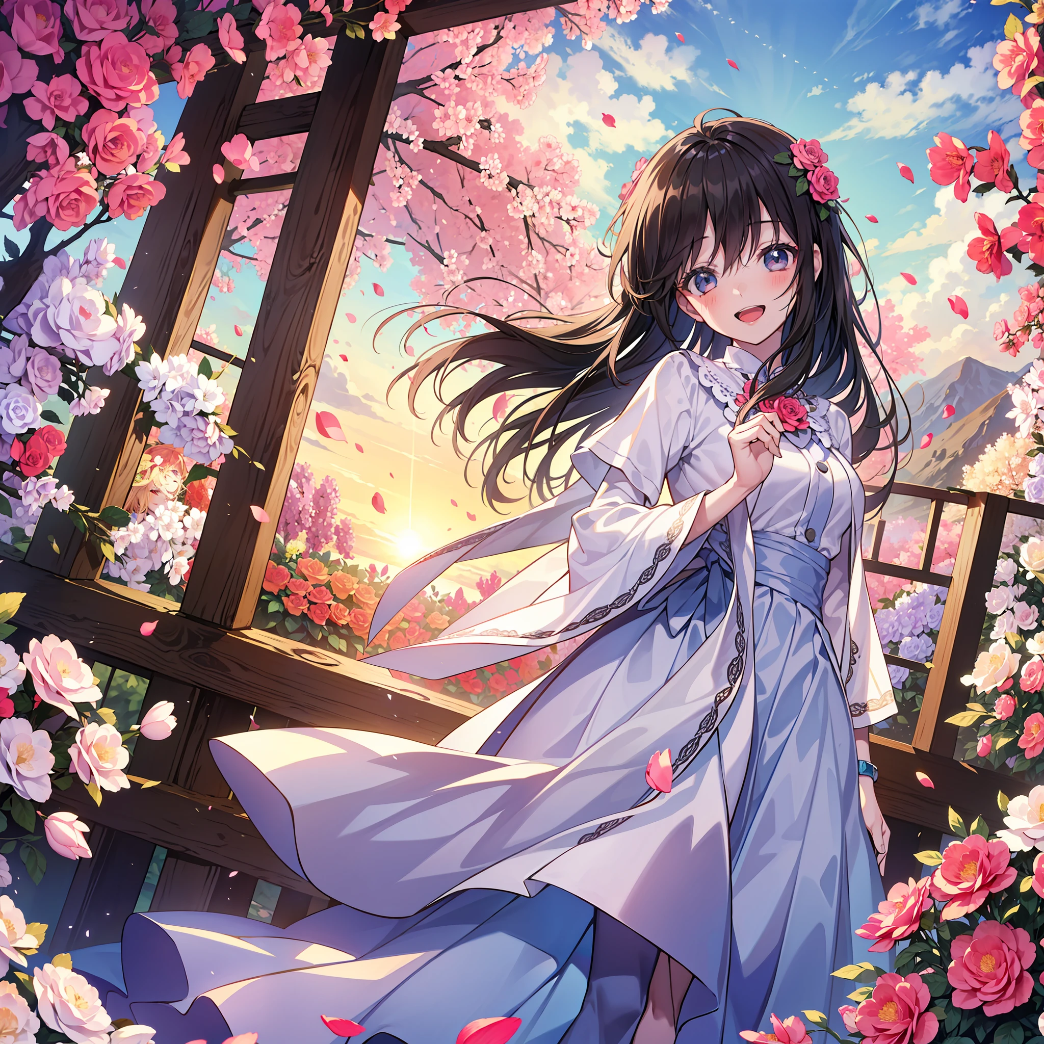 1 girl, ((ultra detailed)), ((masterpiece)), ((beautiful)) ((beautiful nature: 1.5)) , ((beautiful morning sky:1.0)) , ((in beautiful flower garden:1.2)) opening eyes, sun brightens my gaze this calm breeze, becomes my first breath ((beautiful happy girl:1.3)) birds chirp, awake from the rest no need to rush, no need to haste this moment, special and unique happiness, purpose and joy, i seek emotions and feelings, all are human give love and get love, being such person past is past, to learn and let go Good morning A new day, a new start,