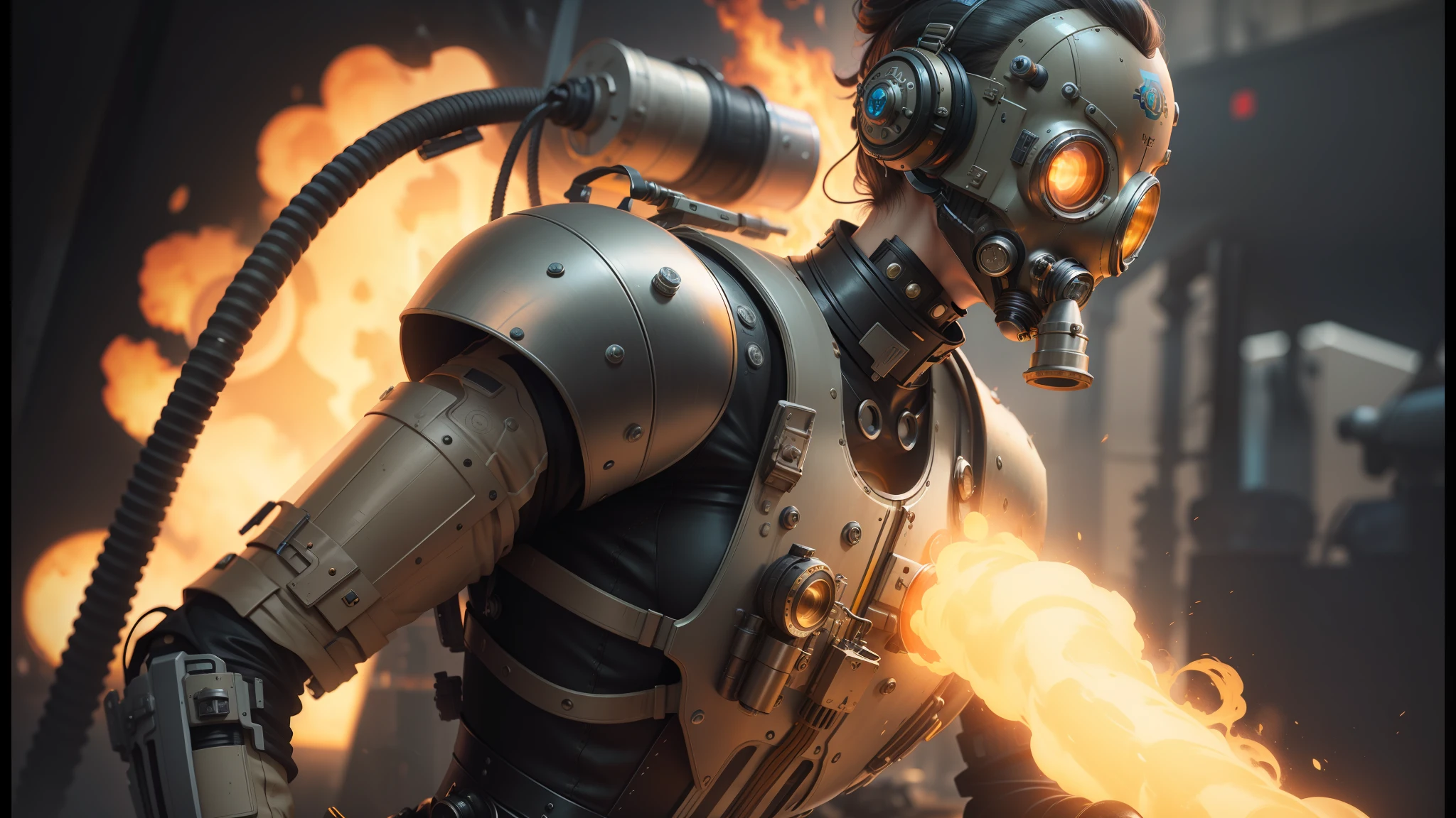there is a robot with a gas mask and a gas can, cyber steampunk 8 k 3 d, 3d rendered steampunk, unreal engine 5 », trending on artstation 4k, futuristic. game cg, 3 d scifi art, cgsociety 9, high definition cgsociety, 8k highly detailed ❤️🔥 🔥 💀 🤖 🚀, dieselpunk cyborgs --auto --s2