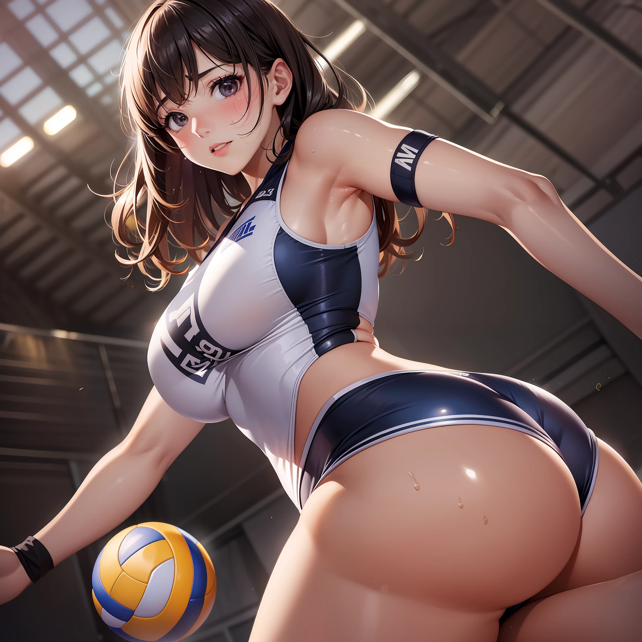 photos of professional women, 1 girl, flirting, (shiny), morning, sexy, playing volleyball, costume with logo, gymnasium, backlit, (bangs), bloomers, (sweaty: 1.3), blurring background,