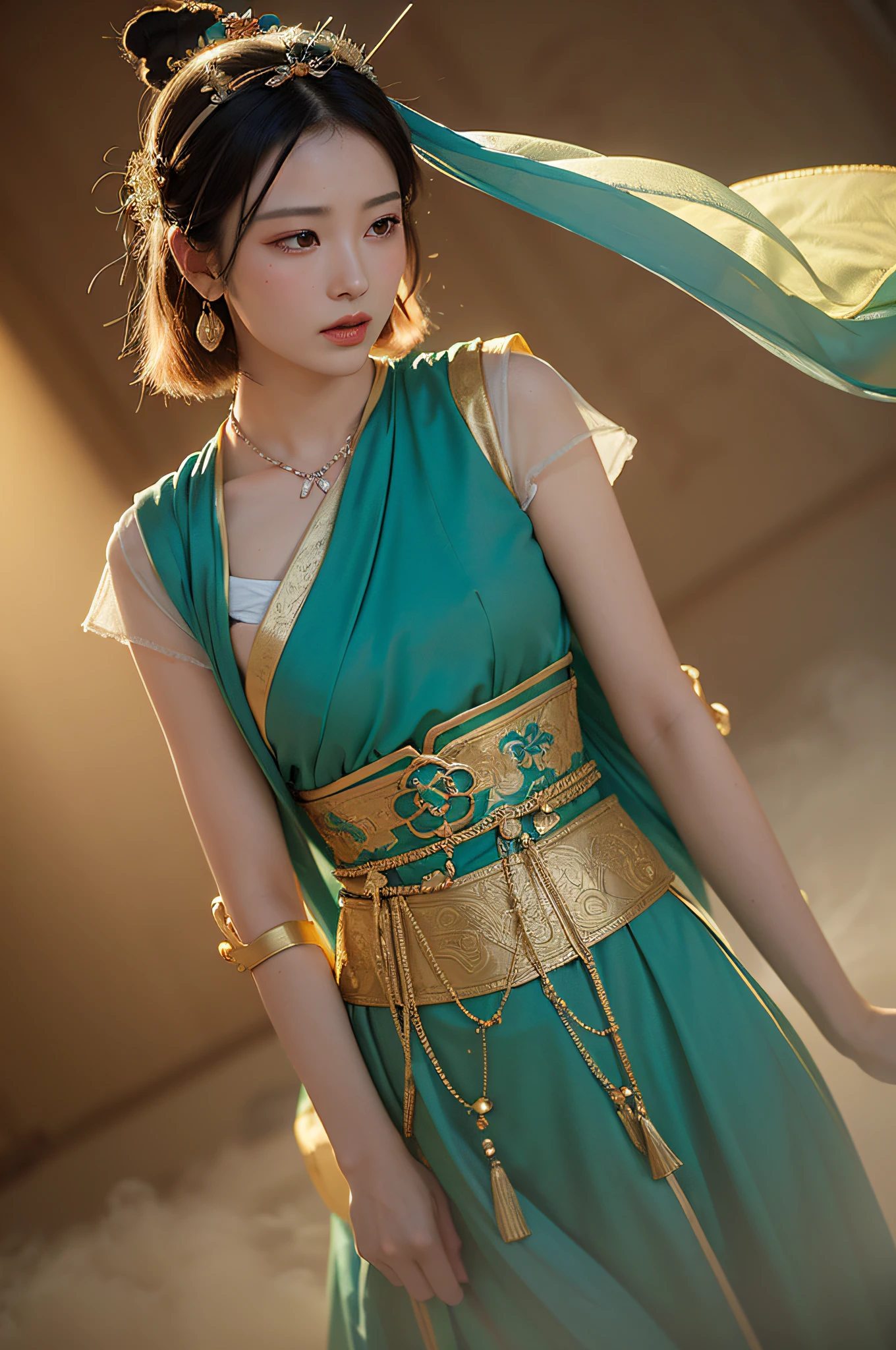 1girl, Dunhuang flying costume, dashing short hair, Ji Jian, Dunhuang style, a lot of smoke, exquisite, elegant color, (realistic, high detail, masterpiece, super detail, dynamic angle, mural background, ink, amazing, movie lighting, illustration, chiaroscuro, backlight, God light, Dutch, best quality, best quality, atmosphere, gentle, chinoiserie