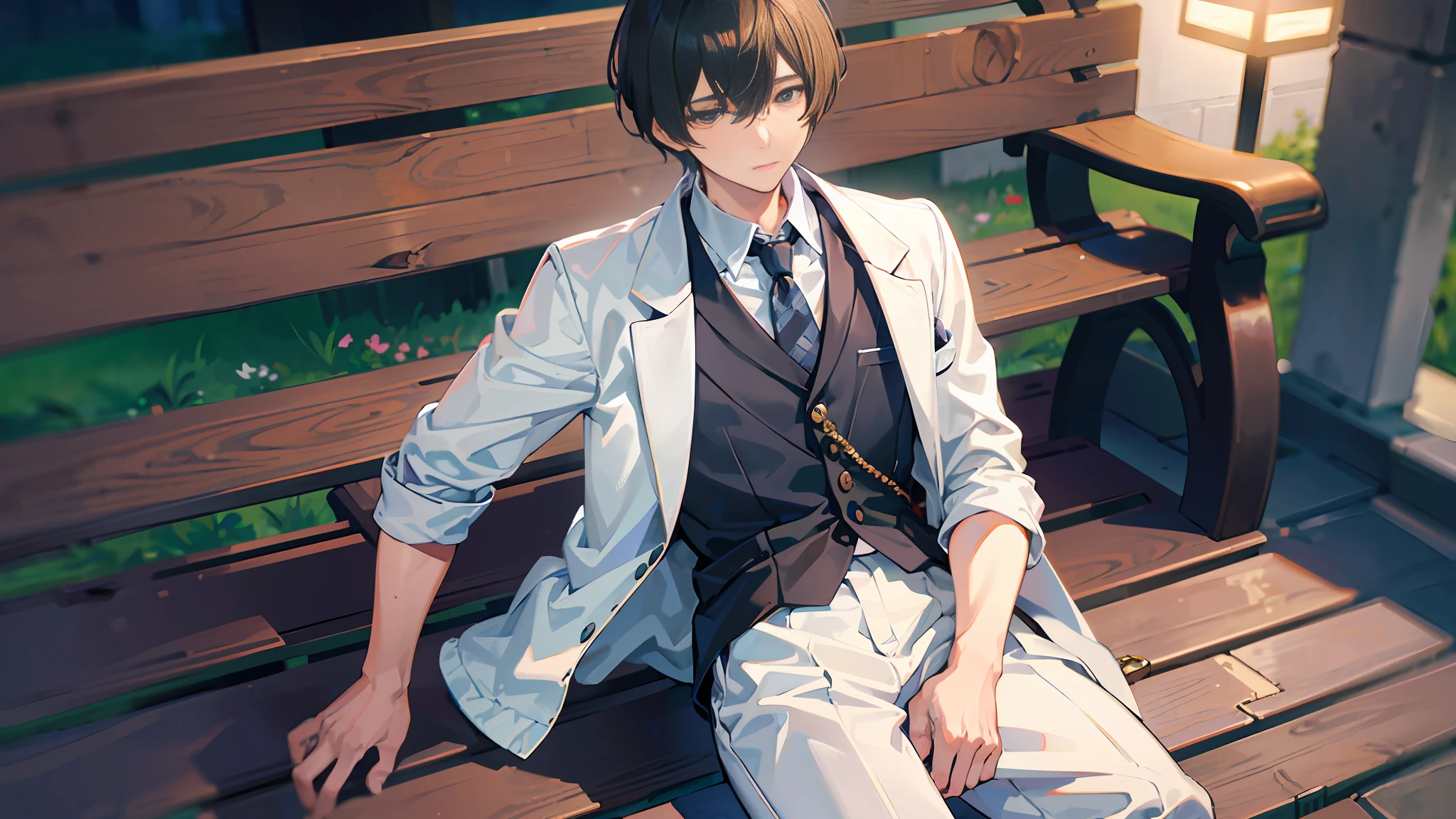 A young man, white hospital gown, park, bench, (lying on bench: 1.2), looking down at the camera, full body, (night: 1.2), half of the man's body hidden in shadows, (masterpiece: 1.2), best quality, masterpiece, hired, original, extremely detailed wallpaper, perfect lighting, (very detailed CG: 1.2),