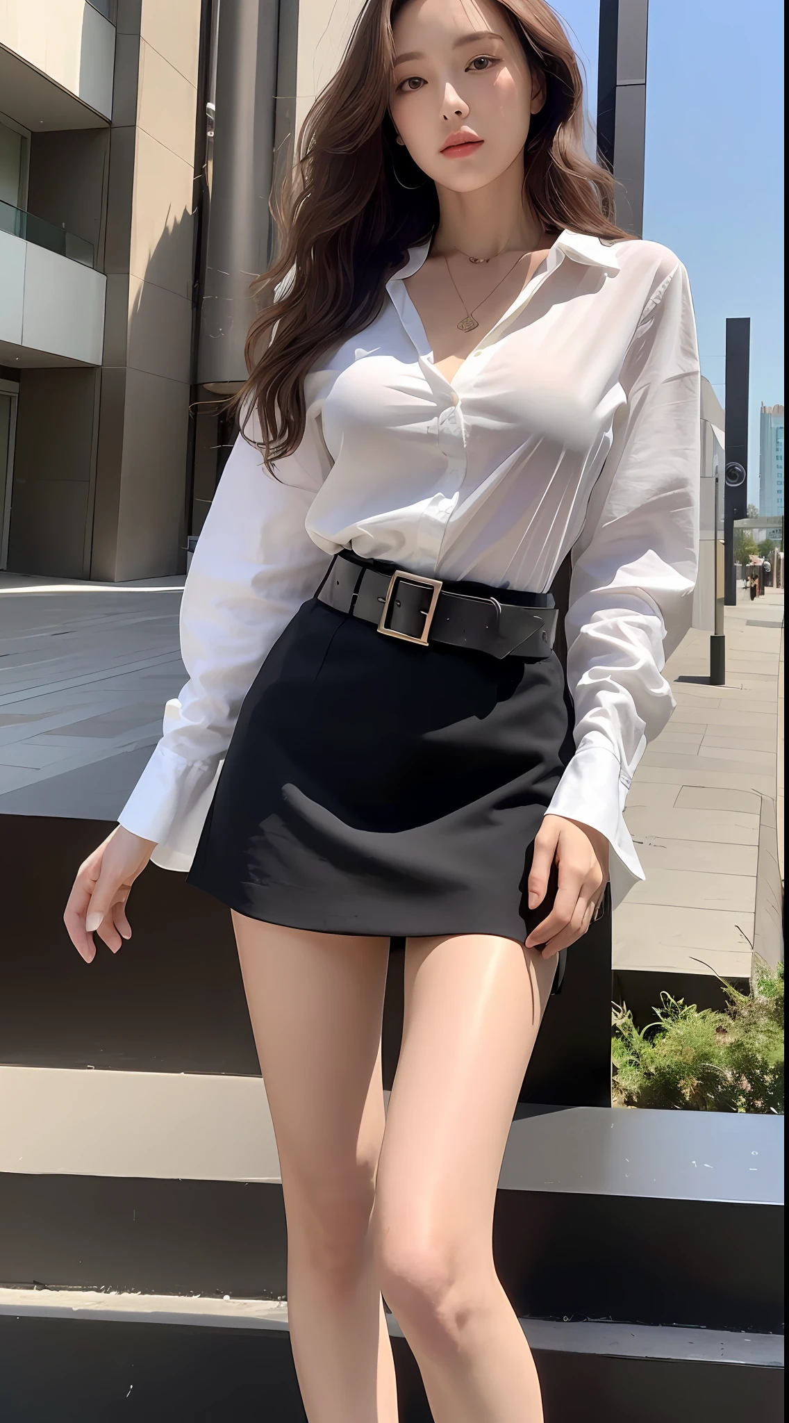 (Best quality, High resolution, Masterpiece :1.3), A tall and pretty woman, Slender abs, Dark brown hair styled in loose waves, Breasts, Wearing pendant, White button up shirt, Belt, Black skirt, (Modern architecture in background), Details exquisitely rendered in the face and skin texture, Detailed eyes, Double eyelid