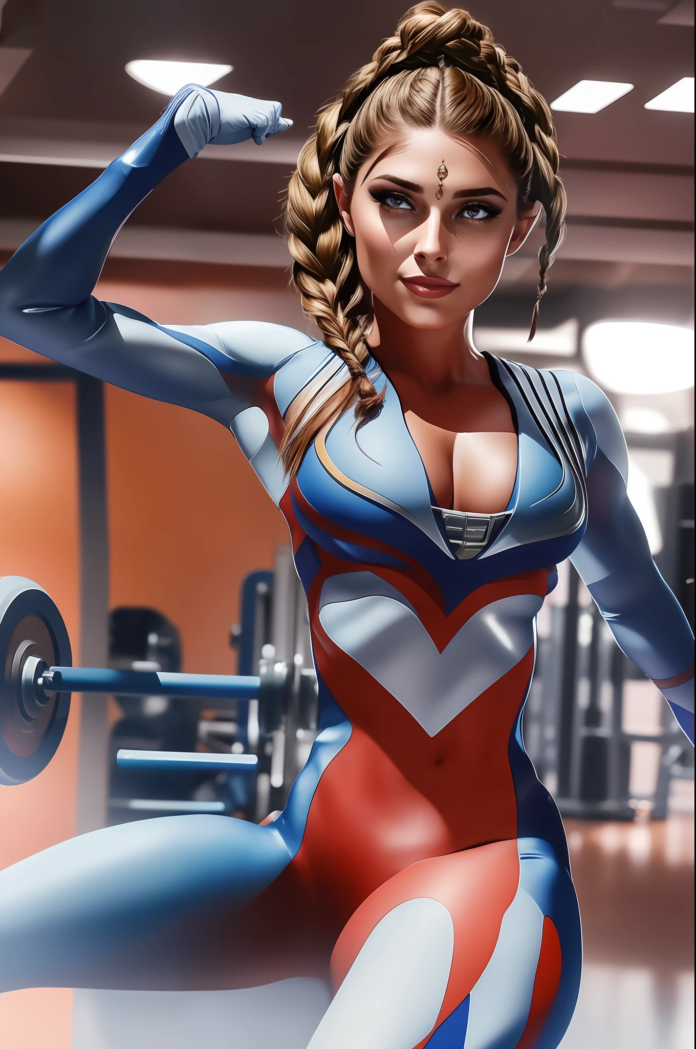 girl at the gym, toned, fit, brown hair, braided hair, hair, Photography of beautiful woman, stunning woman, smiling, gorgeous eyes, high detailed, high quality photography, Nikon, canon, 4k, ((beautiful face)), ((detailed eyes)), make up, make-up, makeup, blush, realistic photography, photorealistic portrait, highly detailed, (masterpiece, best quality, highly detailed), , shirtless, topless, blue gear, full figure, ((developed thighs)), thin waist, narrow waist