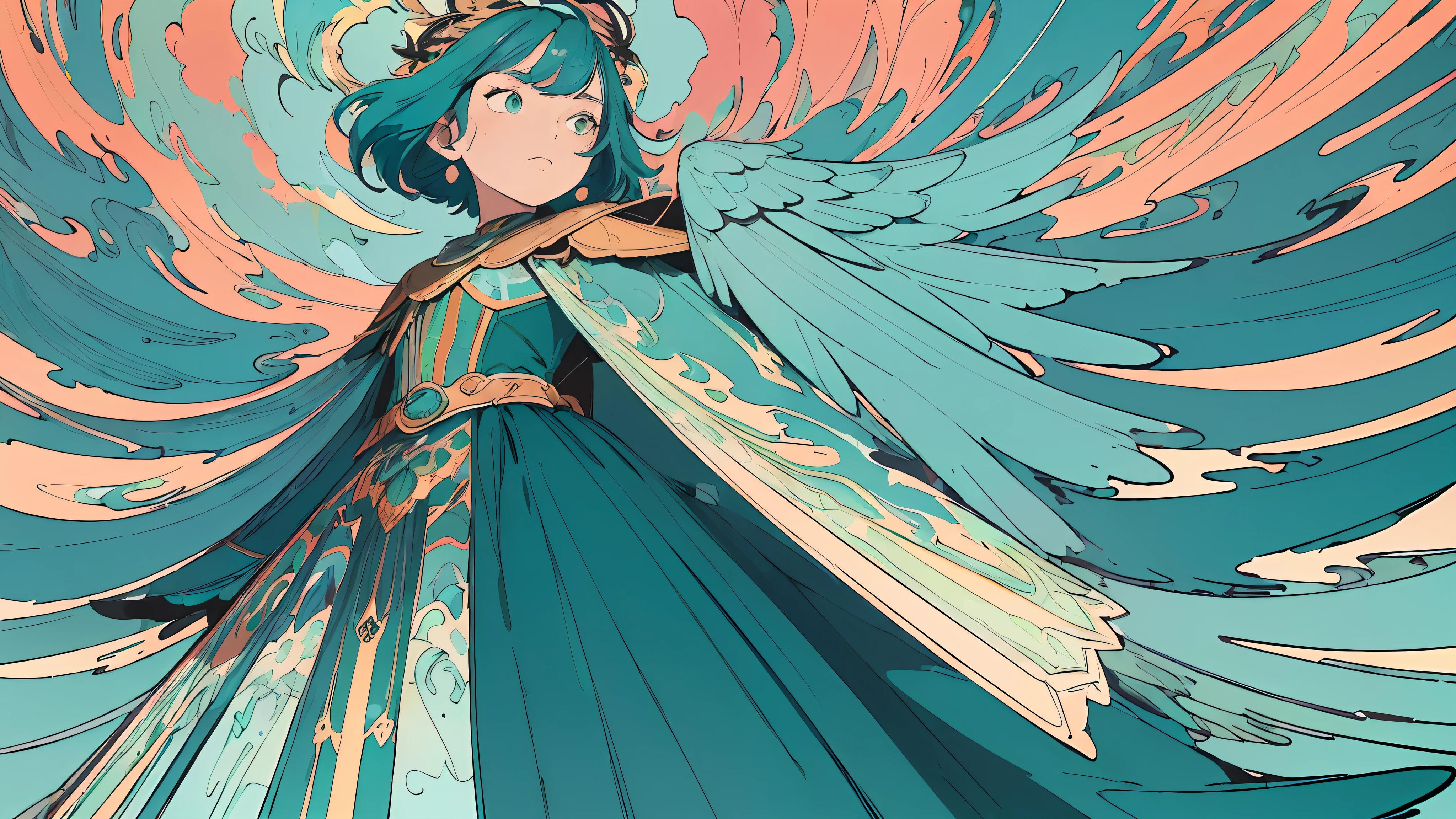 (flat color :1.4),(colorful:1.2),(((masterpiece))),(((bestquality))),((ultra-detailed)),(illustration),((anextremelydelicateandbeautiful)), 1 woman,(teal color theme:1.5), rainbow colored hair, teal short dress, light leaks,strong wind,teal background,holding a large sword,detail face,standing,beautiful face,feathers floating in the air,light bloom,surreal