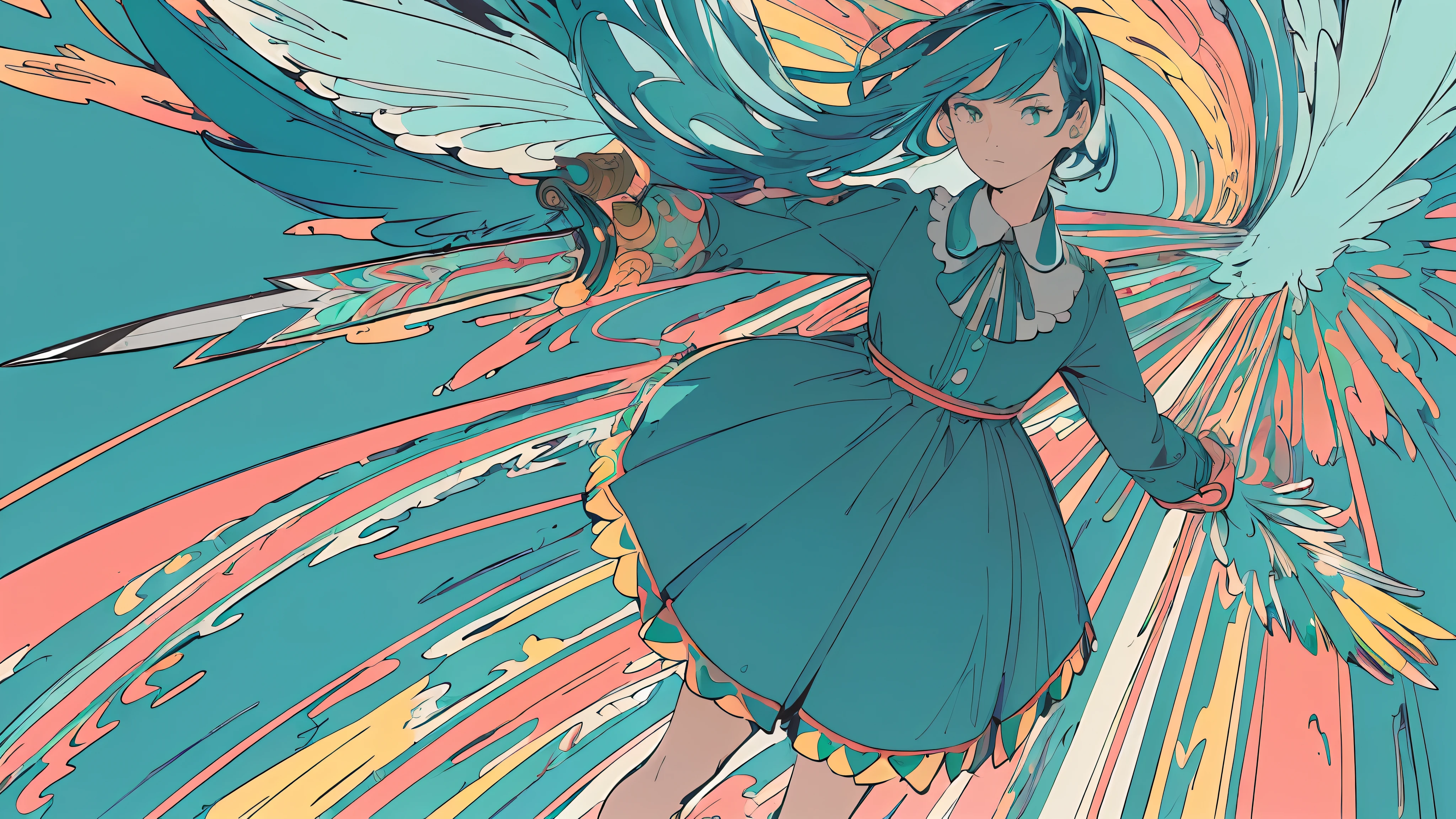 (flat color :1.4),(colorful:1.2),(((masterpiece))),(((bestquality))),((ultra-detailed)),(illustration),((anextremelydelicateandbeautiful)), 1 woman,(teal color theme:1.5), rainbow colored hair, teal short dress, light leaks,strong wind,teal background,holding a large sword,detail face,standing,beautiful face,feathers floating in the air,light bloom,surreal