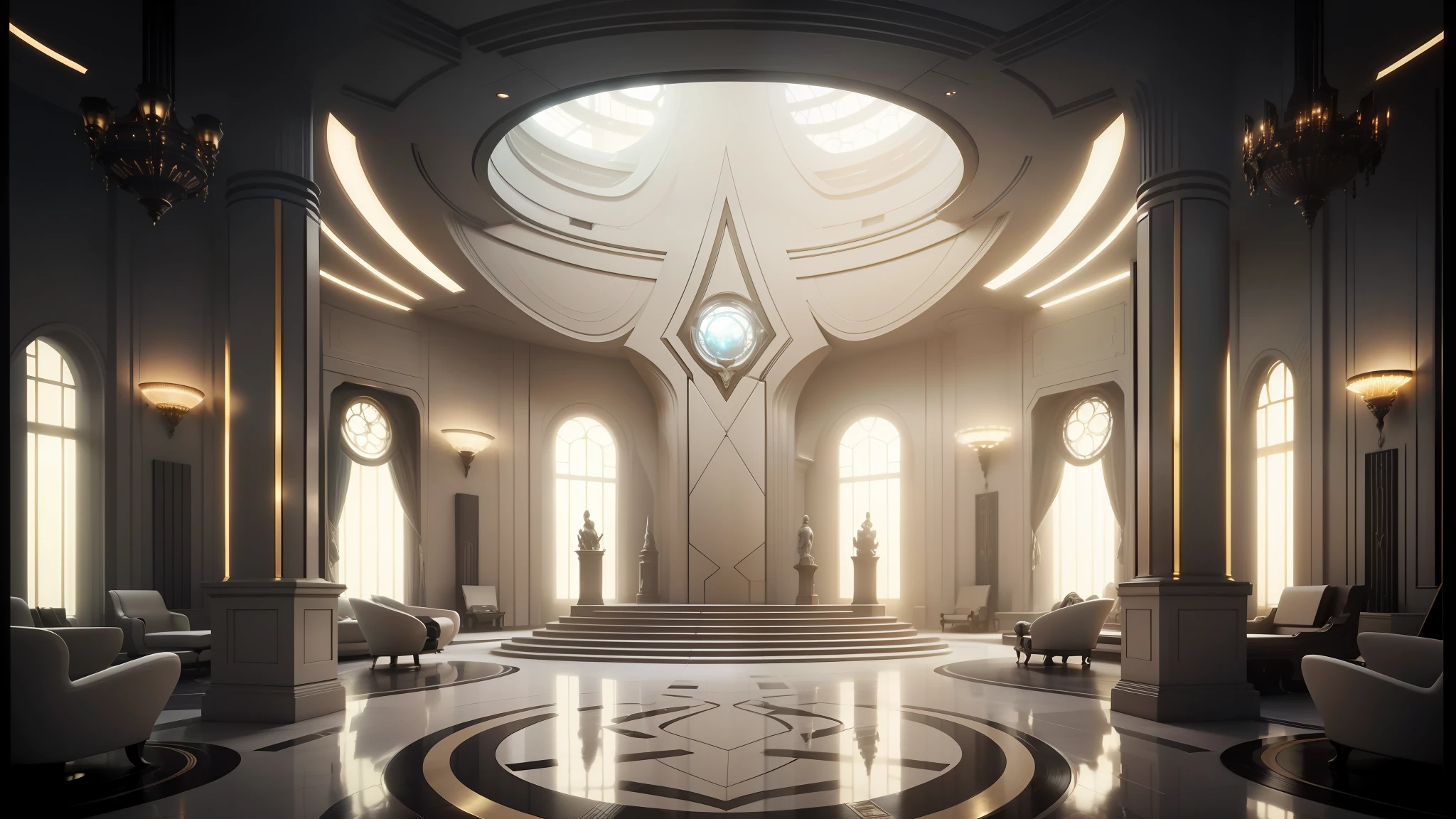 a close up of a large room with a statue in the center, exquisitely designed throne room, symmetrical!! sci-fi, futuristic persian palace, futuristic decor, futuristic. game cg, cgsociety 9, futuristic palace, symmetrical. sci - fi, futuristic hall, unreal engine 5 : :, futuristic interior, realistic art deco, futuristic room background --auto --s2