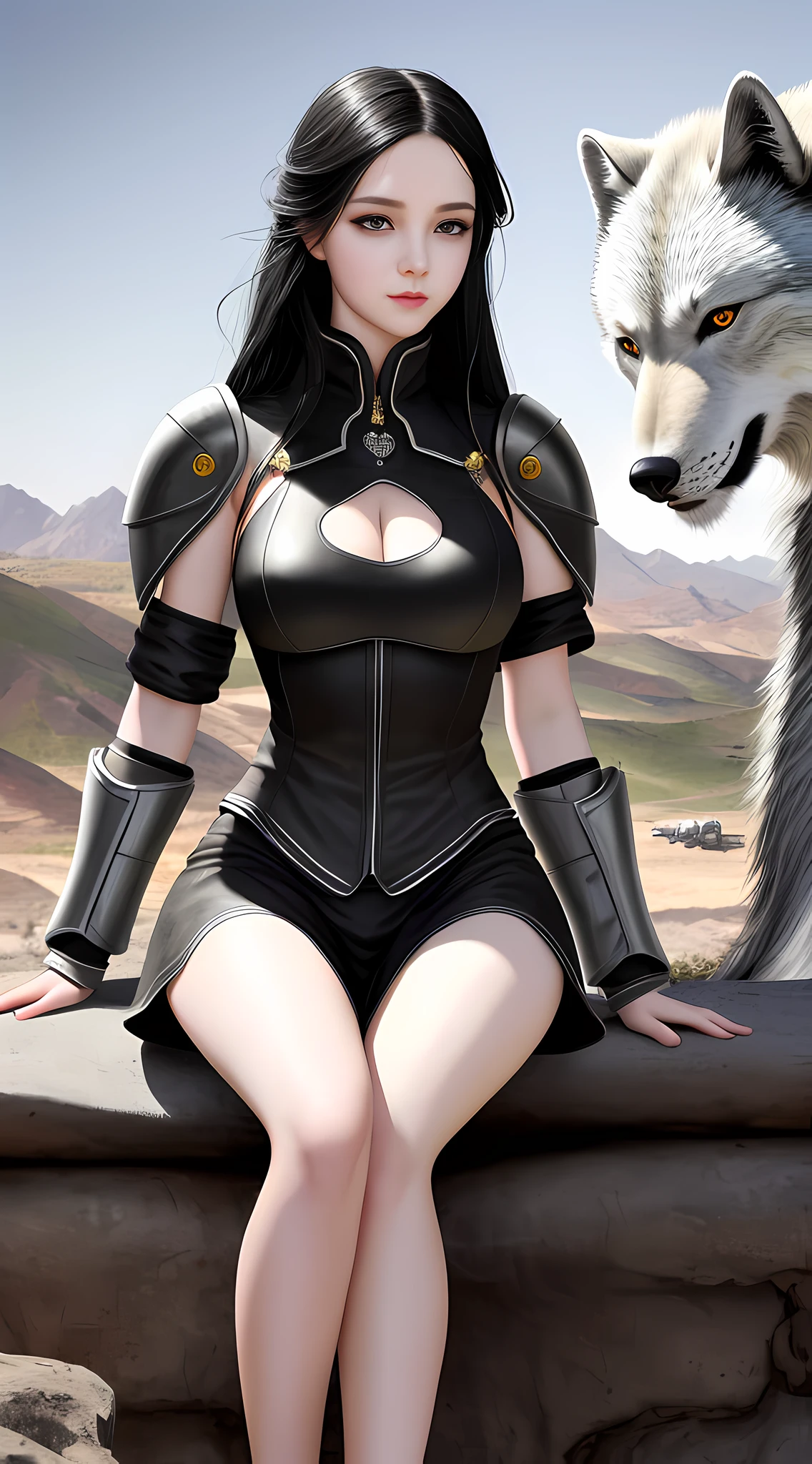 (1girl:1.3), full body, long black hair, beautiful facial features, __ body parts__ realistic skin, pale skin, big breasts, official art, unified 8k wallpaper, super detailed, best quality, in the battlefield environment of gunsmoke, cute girl, wearing gorgeous armor of various colors, sitting on a big silver wolf,