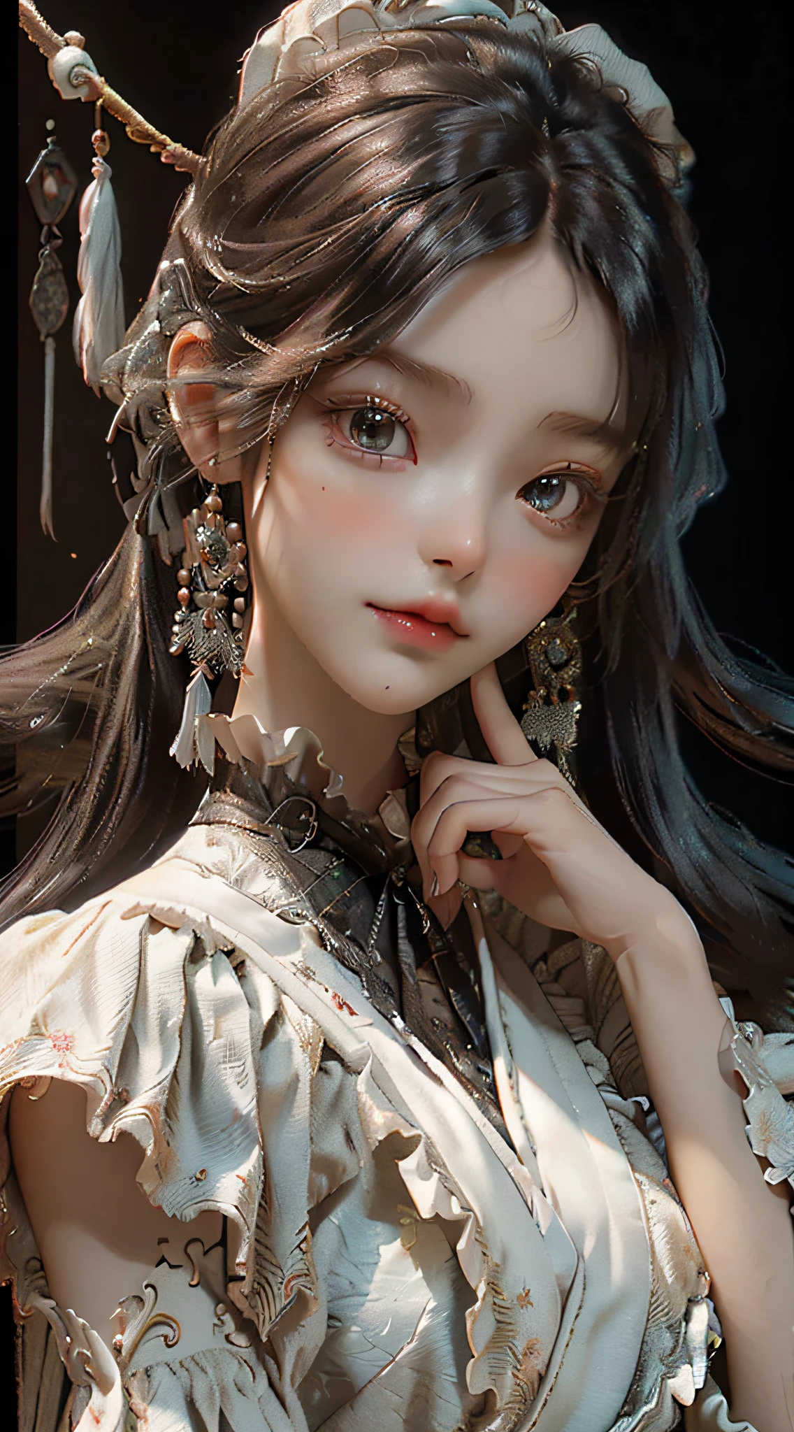 best quality, ultra hi res, photoreaslistic, a photography of a beautiful woman, 26yo age, detailed face, black Feathered layers, (detailed porcelain doll,delicate clothes with a lot of frills and ribbons), Bridge, (face close up), seductive look, looking at viewer