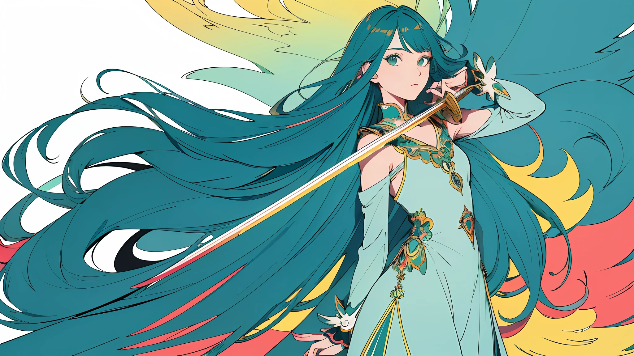 (flat color :1.4),(colorful:1.2),(((masterpiece))),(((bestquality))),((ultra-detailed)),(illustration),((anextremelydelicateandbeautiful)), 1 woman,(teal color theme:1.5), sensual pose, rainbow colored long wildly hair, white short dress, light leaks,strong wind,teal background,holding a large sword,detail face,standing,beautiful face,feathers floating in the air,light bloom,surreal
