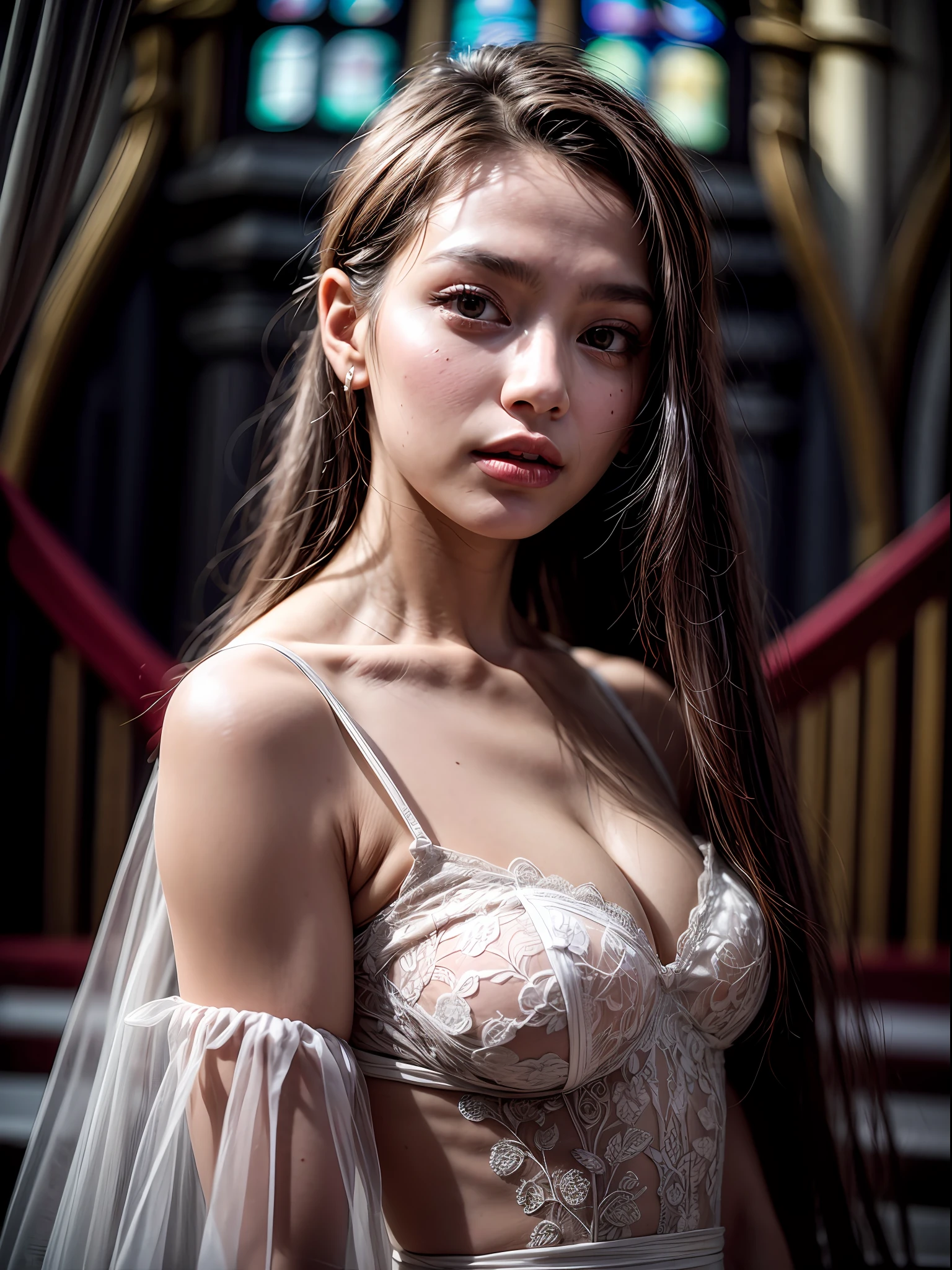 Ashleigh Emmalee, very young, beautiful, 8k, 17 years old, (1girl:1.2), whole body, far angle camera, wear fashionable lace wedding dress: 0.75, different design weeding dress, nude:1.5, , in a church, elegant poses, dynamic shot, masterpiece, best quality, ultra-detailed, ultra realistic:1.5, photorealistic:1.5 , analog style, bokeh, skin pores, (skin texture), (film grain:1.3), (warm hue, warm tone:1.2), cinematic light, sidelighting, ultra high res, best shadow, RAW, upper body, photoshoot by DSLR, Fujifilm XT3, medium full shot, big breasts