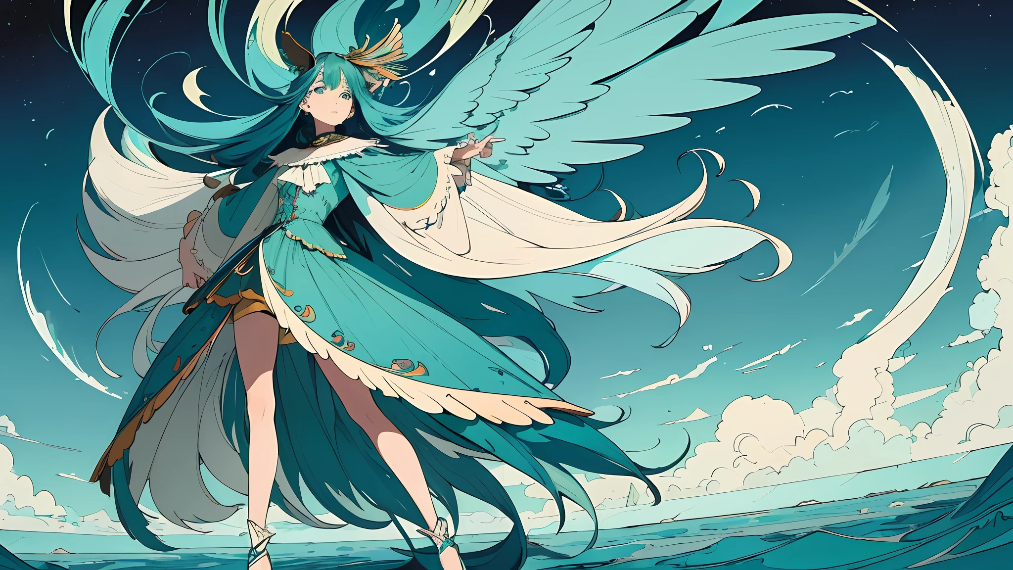 (flat color :1.4),(colorful:1.2),(((masterpiece))),(((bestquality))),((ultra-detailed)),(illustration),((anextremelydelicateandbeautiful)), 1 woman,(teal color theme:1.5), sensual pose, rainbow colored long wildly hair, white short dress, light leaks,strong wind,teal background,holding a large sword,detail face,standing,beautiful face,feathers floating in the air,light bloom,surreal
