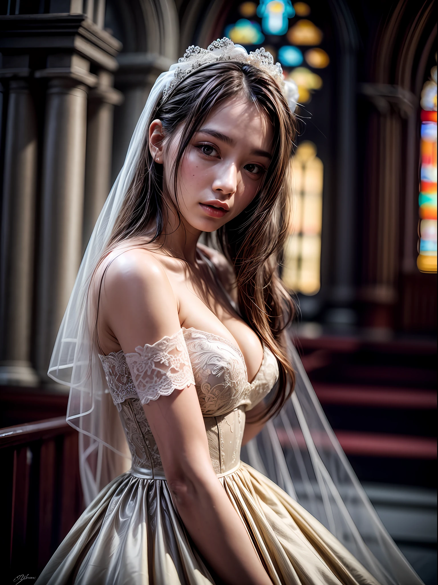 Ashleigh Emmalee, very young, beautiful, 8k, , (1girl:1.2), whole body, far angle camera, wear fashionable lace wedding dress: 0.75, different design weeding dress, nude:1.5, , in a church, elegant poses, dynamic shot, masterpiece, best quality, ultra-detailed, ultra realistic:1.5, photorealistic:1.5 , analog style, bokeh, skin pores, (skin texture), (film grain:1.3), (warm hue, warm tone:1.2), cinematic light, sidelighting, ultra high res, best shadow, RAW, upper body, photoshoot by DSLR, Fujifilm XT3, medium full shot, big breasts