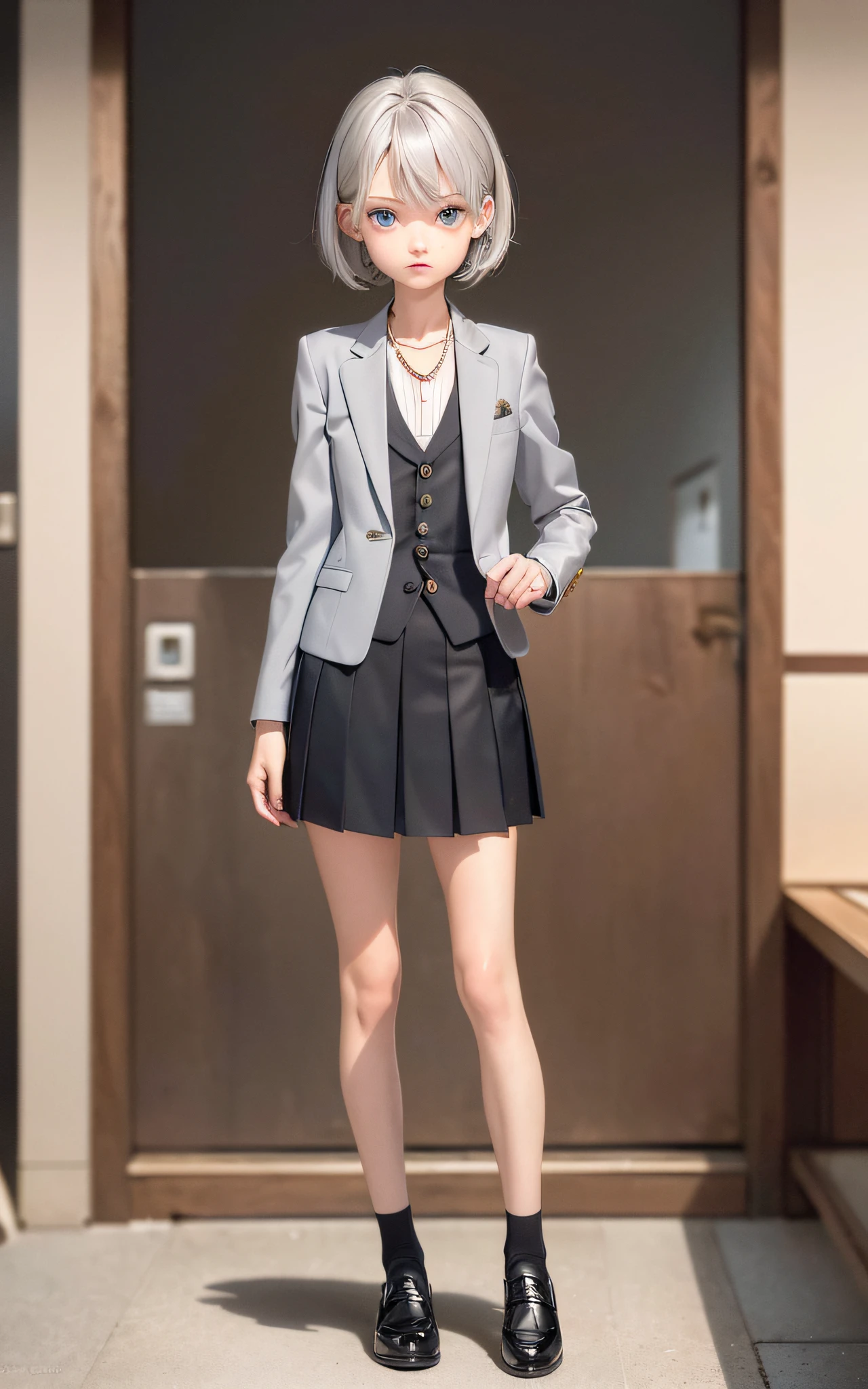 Masterpiece, Best Quality, UHD, Super Detail, Award, 16k, (Upper Body), (Beautiful Girl), Gray Hair, Hair, (Heterochromia)), Hanging Corner, Fair Skin, Slender, Pointed Small, (Small), (Slim Body), (Japan Student Small Blazer Jacket Uniform)), (Neck Ring), Finger Covers, Pleated Skirt, Loafer Shoes, Tuxedo Looks