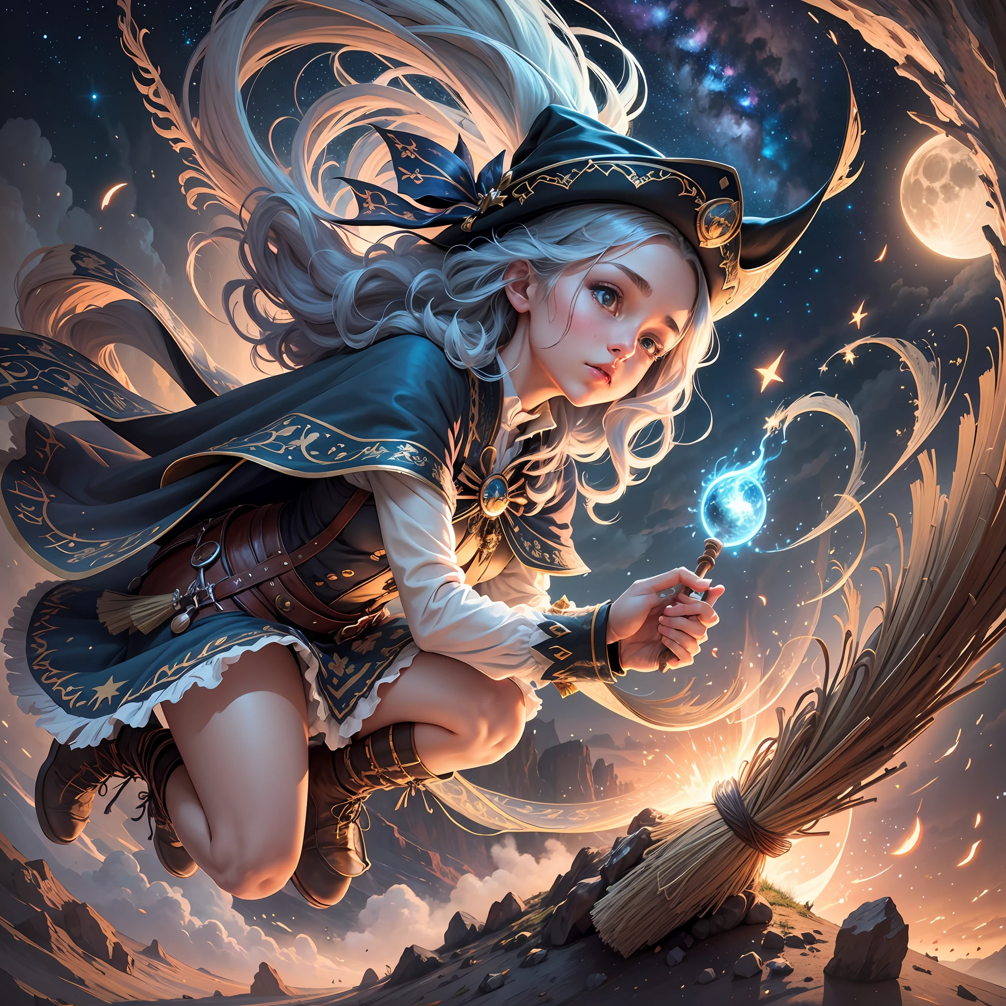 masterpiece, best quality, ultra-detailed, illustration, 1girl, solo, fantasy, flying, broom, night sky, outdoors, magic, spells, moon, stars, clouds, wind, hair, cape, hat, boots, broomstick, glowing, mysterious, enchanting, whimsical, playful, adventurous, freedom, wonder, imagination, determination, skill, speed, movement, energy, realism, naturalistic, figurative, representational, beauty, fantasy culture, mythology, fairy tales, folklore, legends, witches, wizards, magical creatures, fantasy worlds, composition, scale, foreground, middle ground, background, perspective, light, color, texture, detail, beauty, wonder. --auto --s2
