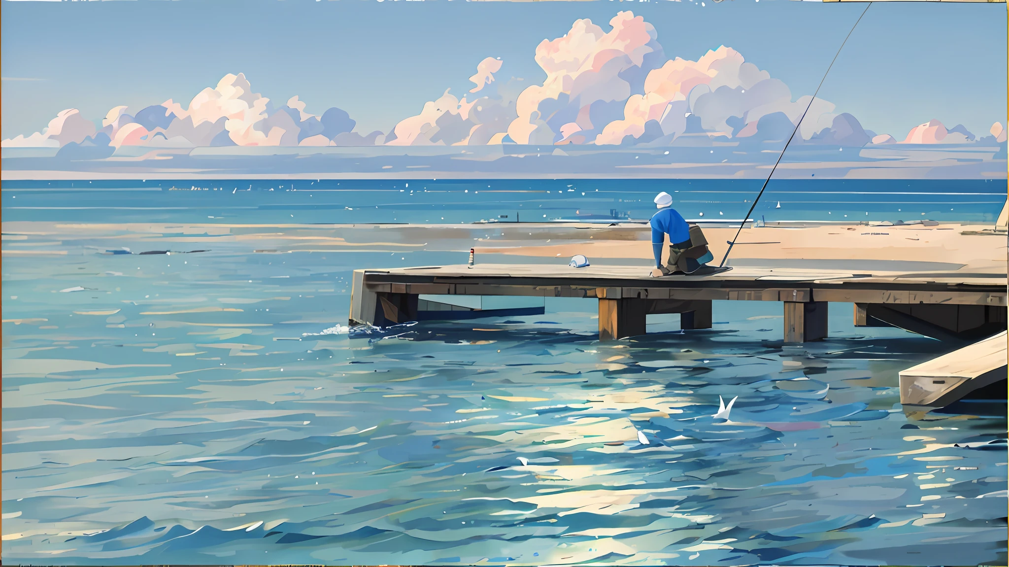 araffe fishing on a pier with a blue sky in the background, people angling at the edge, fisherman, a man sitting on a jetty, near a jetty, f/3.2, by Raymond Normand, sittin, contemplation, calm afternoon, fishing, long exposure time, f / 2. 2, by Simon Marmion, well balanced composition --auto --s2