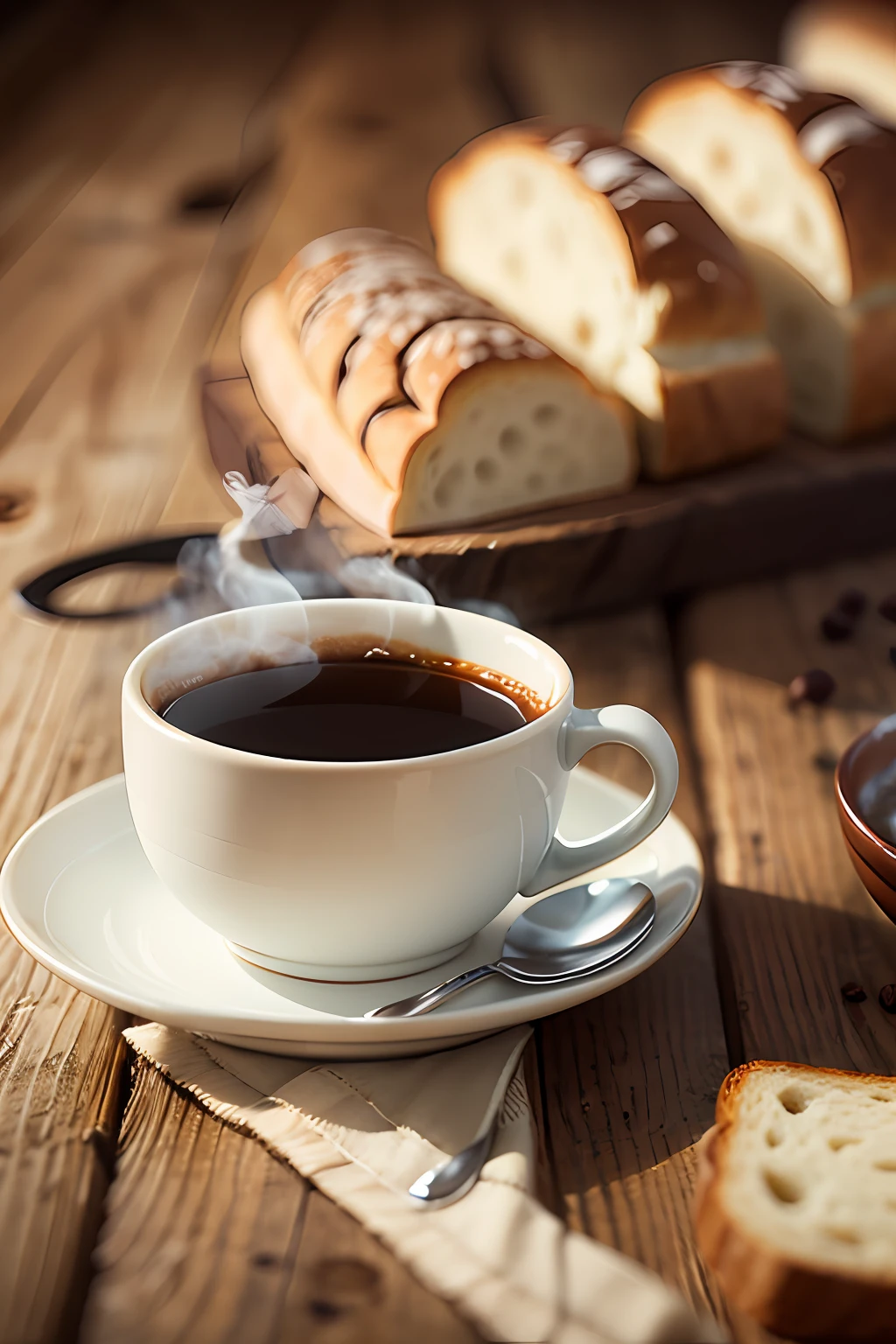 A cup of hot coffee with smoke, on top of a rustic wooden table, with a ((homemade bread and butter on the table)). Focus on the cup. Realistic image, background with depth of field