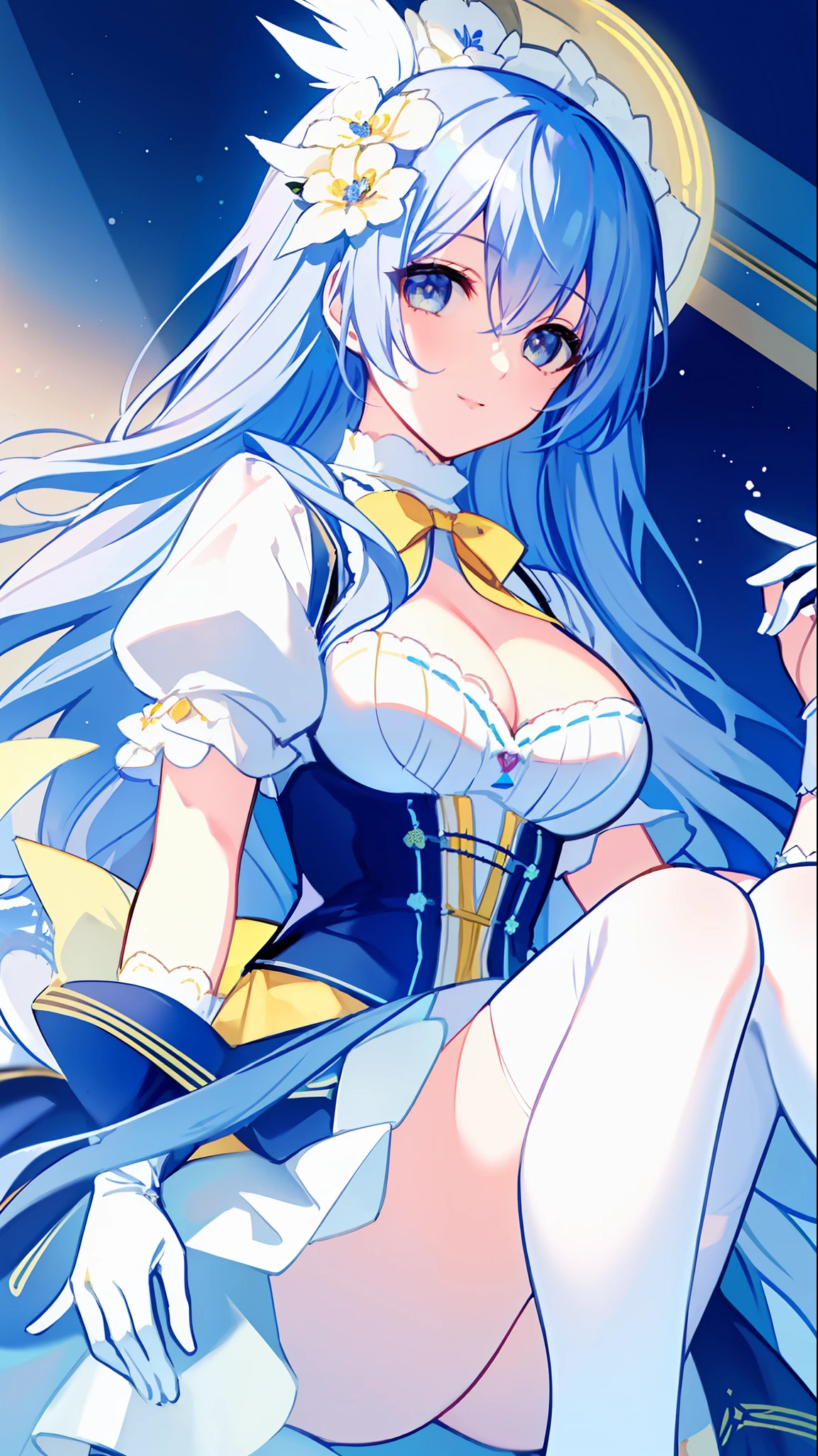 Left-facing, ((((Masterpiece)))), (((Best Quality))), (((Very Detailed))), Detailed Fingers, Illustration, 1 Girl, Solo, Long Sky Blue Hair, Violet Colored Eyes, Flower Hair Ornament, White Feather Hair Ornament, Yellow Moon Hair Ornament, Wide Open Chest, Large Breasts, Large White Ribbon at the Waist, Yellow Idol Dress, With White Flowers, Choker with Yellow Ribbon, White Gloves, White Tights , Yellow Shoes, MIKU, Royal Elegant Pose,