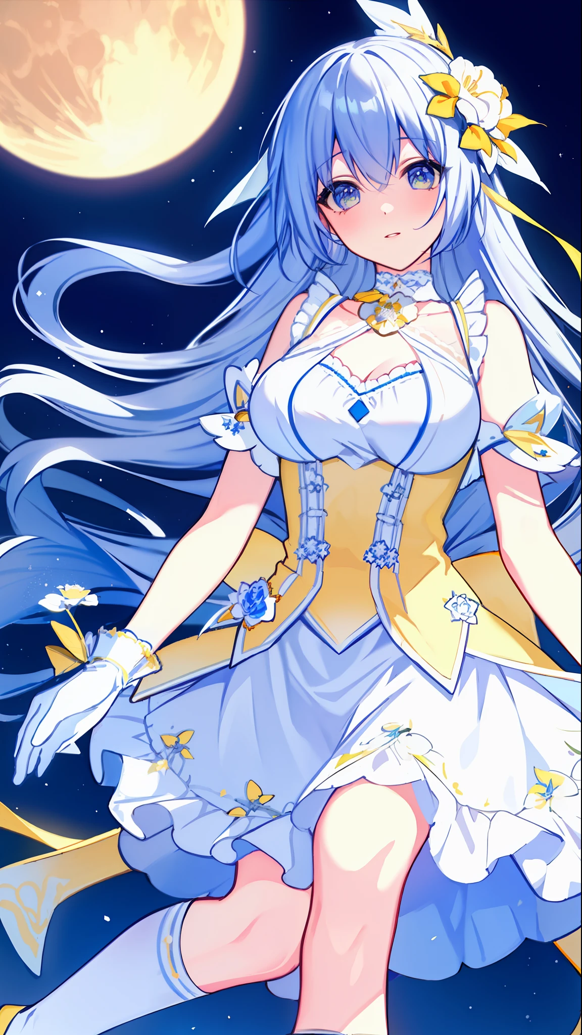 Left-facing, ((((Masterpiece)))), (((Best Quality))), (((Very Detailed))), Detailed Fingers, Illustration, 1 Girl, Solo, Long Sky Blue Hair, Violet Colored Eyes, Flower Hair Ornament, White Feather Hair Ornament, Yellow Moon Hair Ornament, Wide Open Chest, Large Breasts, Large White Ribbon at the Waist, Yellow Idol Dress, With White Flowers, Choker with Yellow Ribbon, White Gloves, White Tights , Yellow Shoes, MIKU, Royal Elegant Pose,