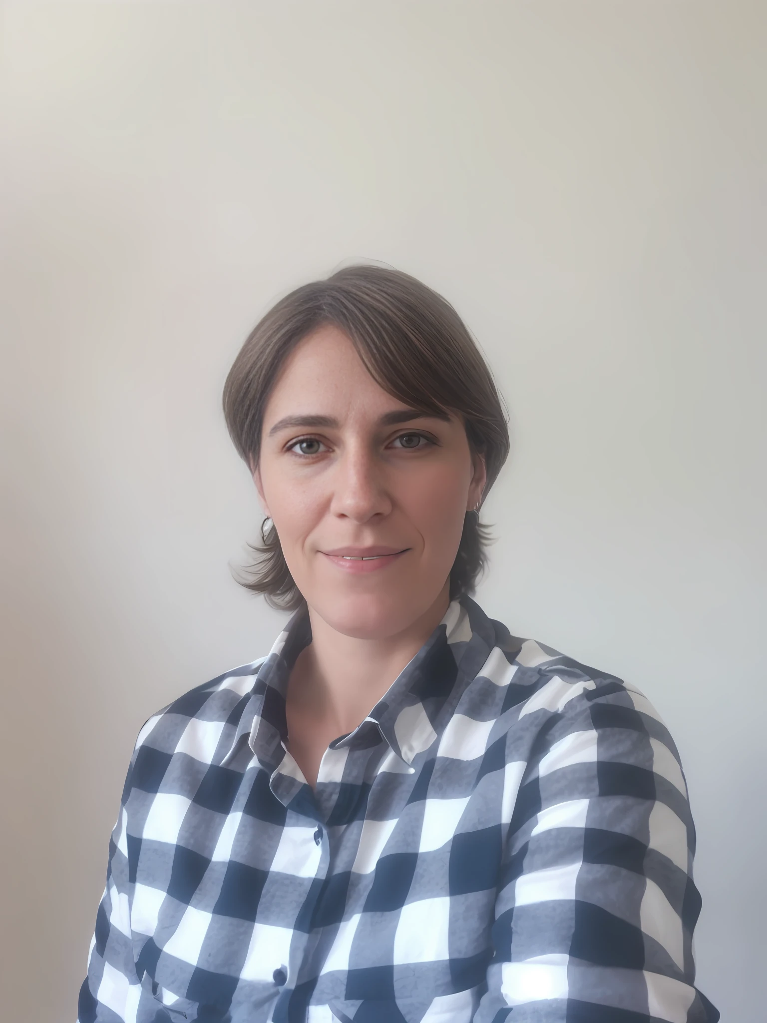 arafed woman in a plaid shirt sitting in front of a white wall, professional profile picture, professional picture, androgynous person, profile picture, profile image, professional profile photo, about 3 , headshot profile picture, looking towards the camera, front portrait, magalie villeneuve, looking partly to the left, 3 0 years old woman
