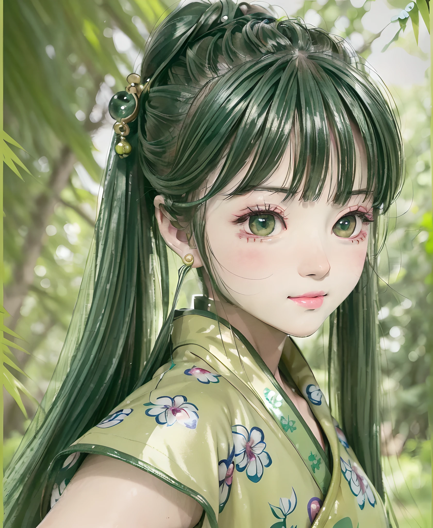 (Ultra High Resolution, Realistic, Best Quality, Realistic), (High Detail Skin, Visible Pores), (((Green Hanfu, Chinese Style))), Realistic, Simple Background, Upper Body, (8K, Original Photo, Best Quality, Masterpiece), (1 Girl), Photon Mapping, Radiosity, Physically Based Rendering, Auto White Balance, (((Unforgettable Smile, Long Hair))), Watery Eyes, (Blushing|Cute Playfulness|Moe|Skinny|Thick Bangs|Beauty|Double Ponytail|Bun,), (looking at the audience), (the iris and pupil are round, the pupil is reflected around, and the eye size is the same),