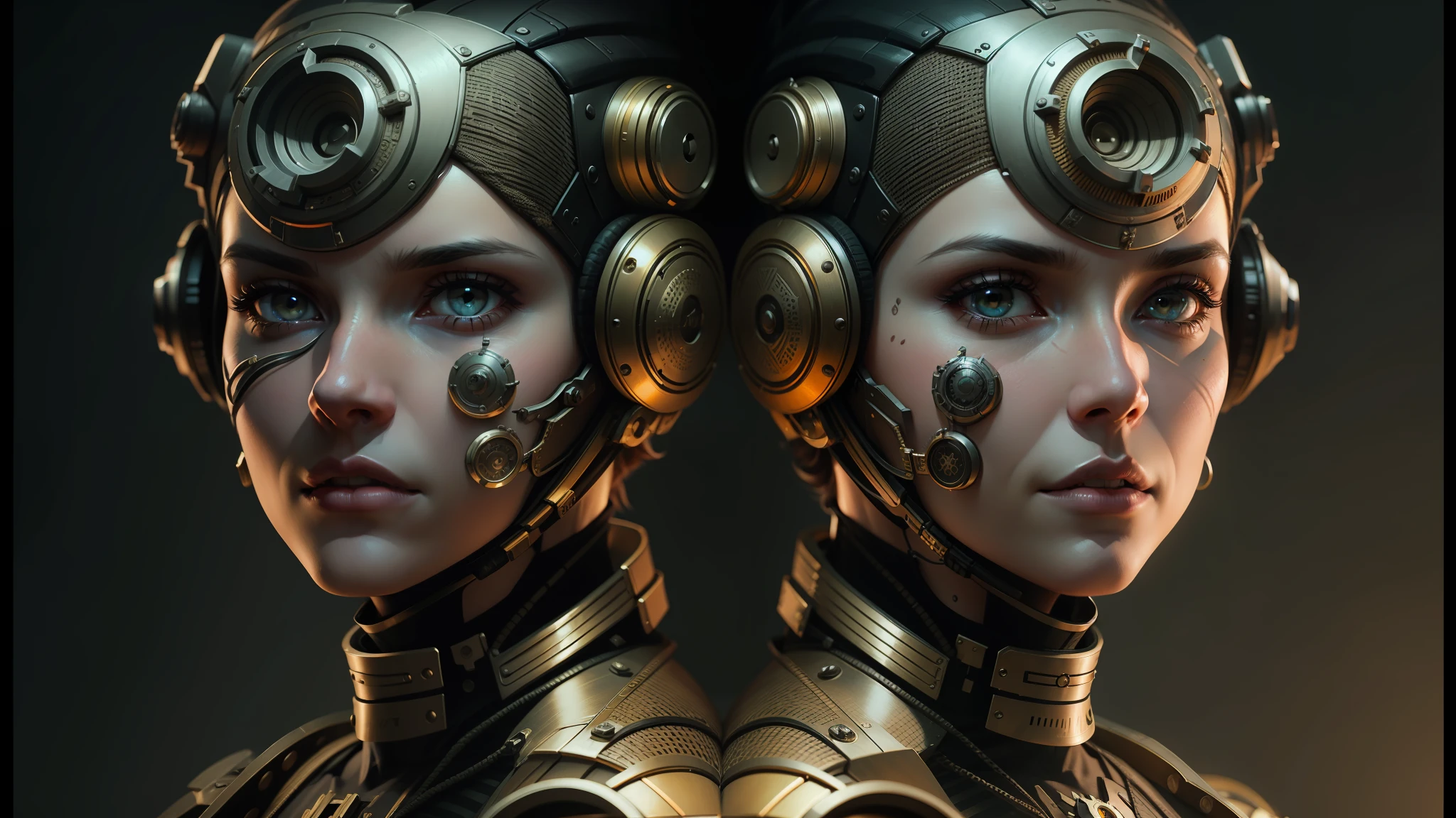 there are two women with steam - powered headgeads on their faces, cyber steampunk 8 k 3 d, cgsociety 9, trending on artstation 4k, ash thorp, 8 k greg rutkowski, symmetrical portrait scifi, trending cgsociety, high definition cgsociety, tuomas korpi and wlop, highly detailed cgsociety, cgsociety ) --auto --s2