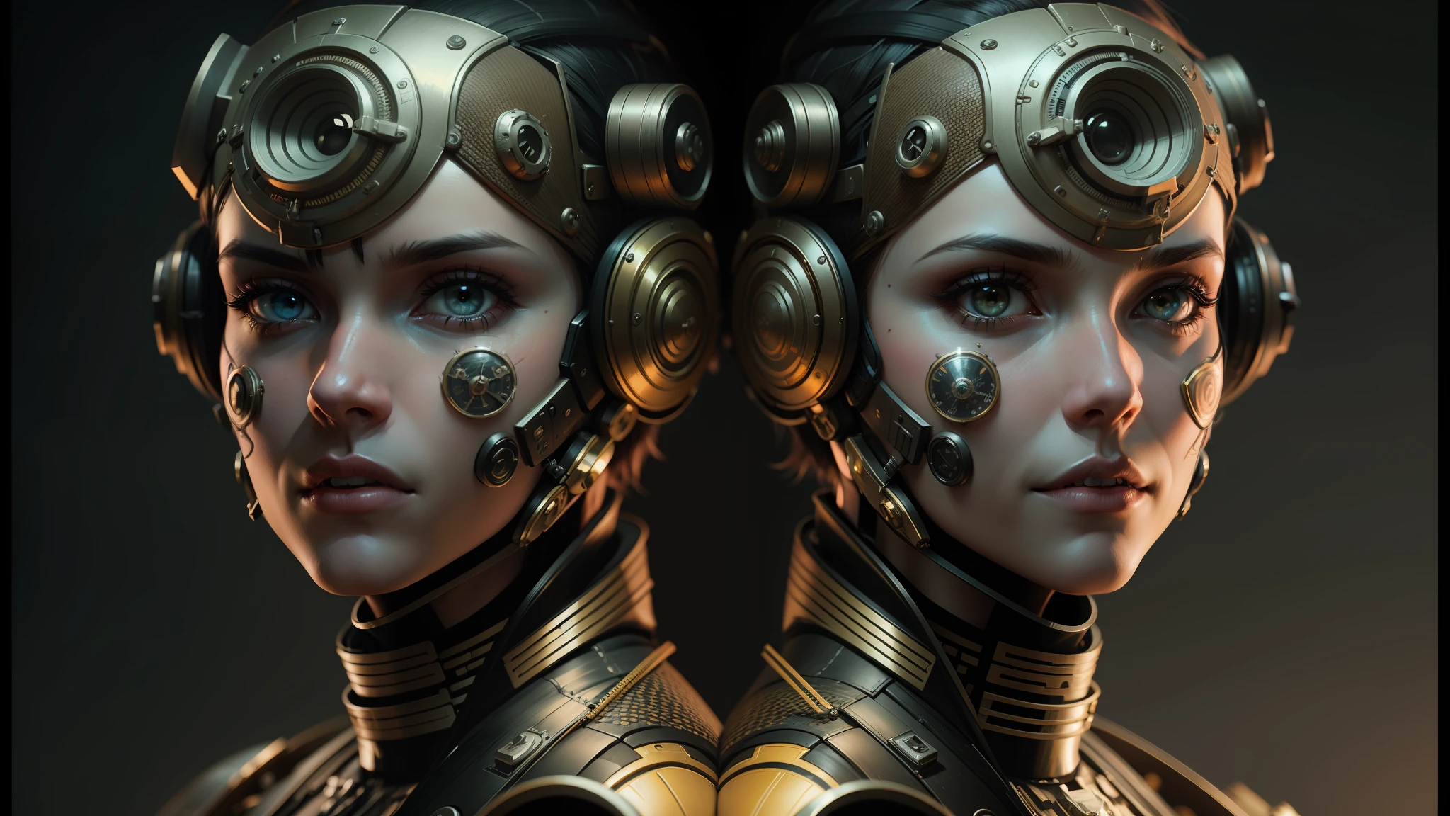 there are two women with steam - powered headgeads on their faces, cyber steampunk 8 k 3 d, cgsociety 9, trending on artstation 4k, ash thorp, 8 k greg rutkowski, symmetrical portrait scifi, trending cgsociety, high definition cgsociety, tuomas korpi and wlop, highly detailed cgsociety, cgsociety ) --auto --s2