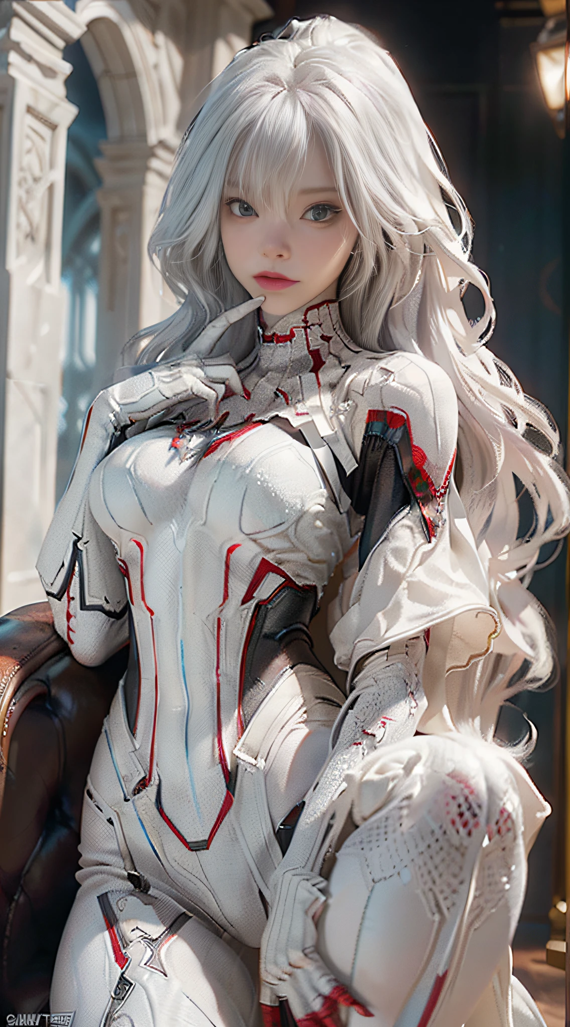 (Extreme Detail CG Unity 8K wallpaper, masterpiece, highest quality), (Exquisite lighting and shadow, highly dramatic picture, Cinematic lens effect), a girl in a white Spider-Man costume, silver gray hair color, from the Spider-Man parallel universe, Wenger, Marvel, Spider-Man, sitting on the couch, dynamic pose), (excellent detail, excellent lighting, wide angle), (excellent rendering, enough to stand out in its class), focus on white Spider-Man costumes, complex spider textures