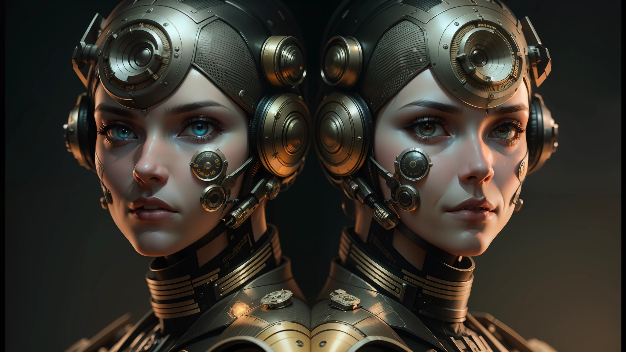 there are two women with steam - powered headgeads on their faces, cyber steampunk 8 k 3 d, cgsociety 9, trending on artstation 4k, ash thorp, 8 k greg rutkowski, symmetrical portrait scifi, trending cgsociety, high definition cgsociety, tuomas korpi and wlop, highly detailed cgsociety, cgsociety ) --auto --s2
