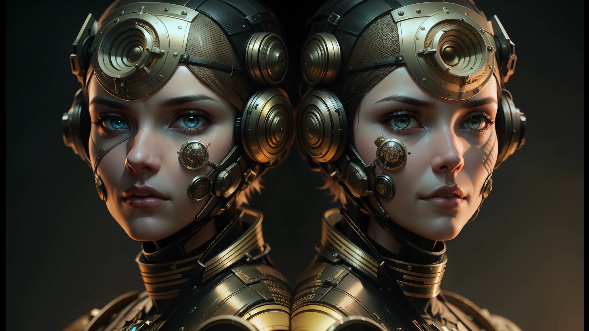 there are two women with steam - powered headgeads on their faces, cyber steampunk 8 k 3 d, cgsociety 9, trending on artstation 4k, ash thorp, 8 k greg rutkowski, symmetrical portrait scifi, trending cgsociety, high definition cgsociety, tuomas korpi and wlop, highly detailed cgsociety, cgsociety ) --auto --s2