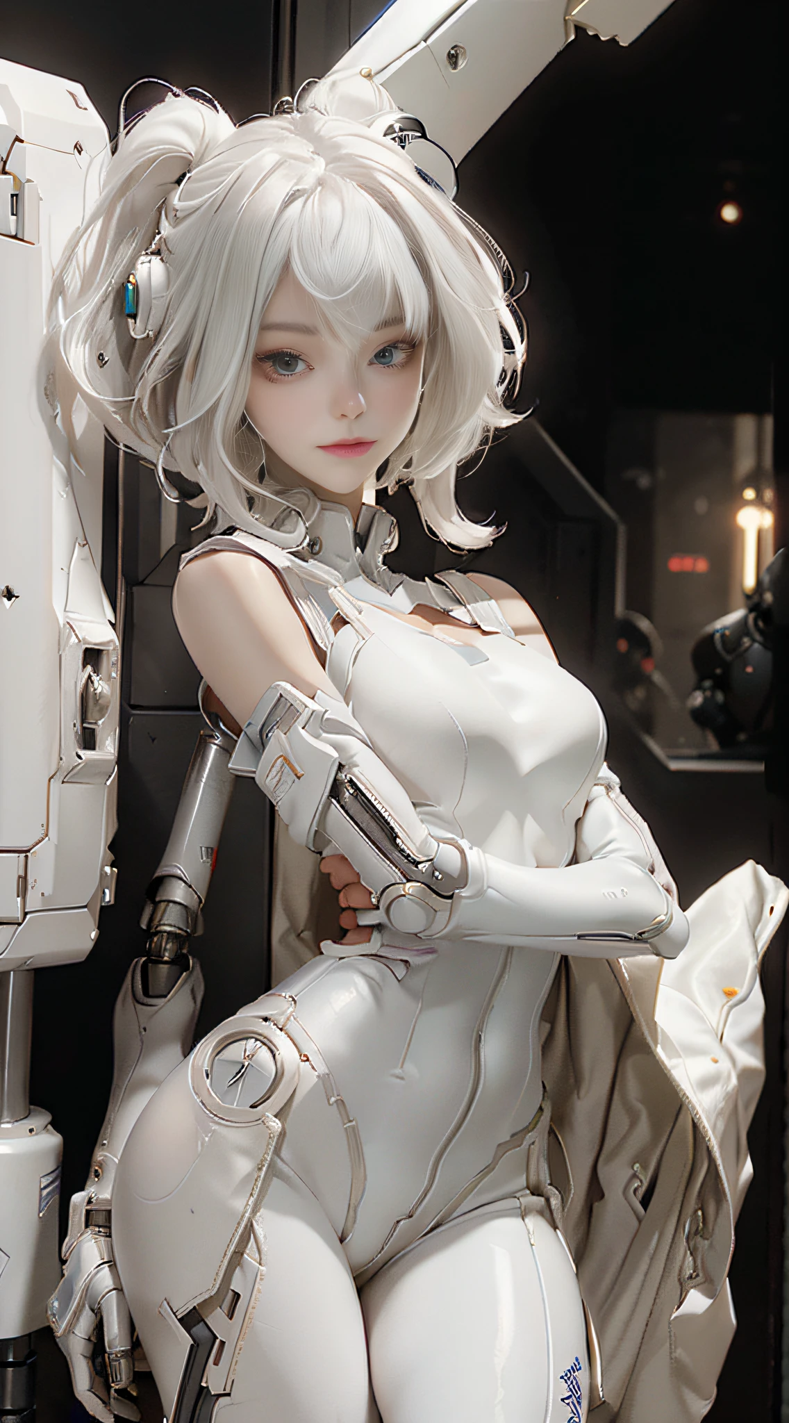 Extremely cute human eighteen year old girl face, human torso, human huge boobs, human abdomen, human hips, robotic arms, mechanical legs, arms and legs with hard white shiny shell and black joints, very beautiful and feminine, short, petite, small, small, busty buttocks, medium bust, cleavage display, flat belly display, partial helmet with antenna on the ear, black robot joints, very stylish, award-winning product design, black rubber tights, Shiny white metal cuirass opens at cleavage and belly, white metal rump with folds, armor with stylish, glowing trim, mecha fox tail