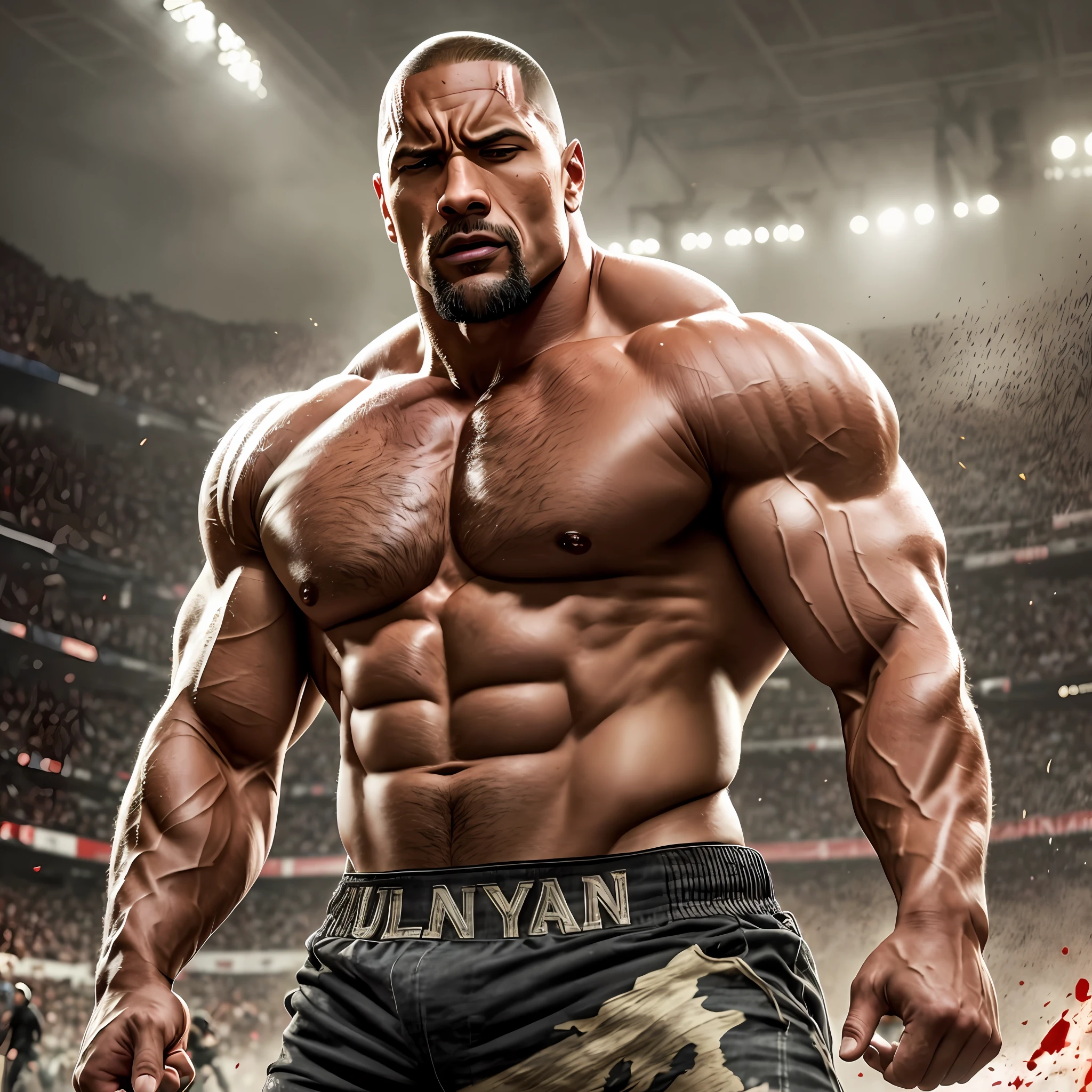 The image is in 16:9 aspect ratio and is a masterpiece in terms of realism and quality. The setting is a fighting arena, and at the center is Dwayne Johnson, the Hollywood star known for his towering muscles and captivating charm. His large arms are covered in bouncing veins, revealing every muscle in his arm and forearm. He's sweaty and sweat shines on his forehead, showing the intensity of the fight he just faced.
There is blood on his hands and on his white T-shirt, indicating the injuries he sustained during the battle. His eyes are closed, and his expression is one of intense anger, showing the determination and focus he has in his struggles. The focus of the image is sharp, and every aspect of the image is ultra-realistic, from the hairs of Johnson's beard to the individual fibers of the fabric of his clothing. It's as if we can feel the heat of the arena and hear the sound of the crowd as we watch this 8k high-resolution masterpiece on the Artstation platform. --auto --s2