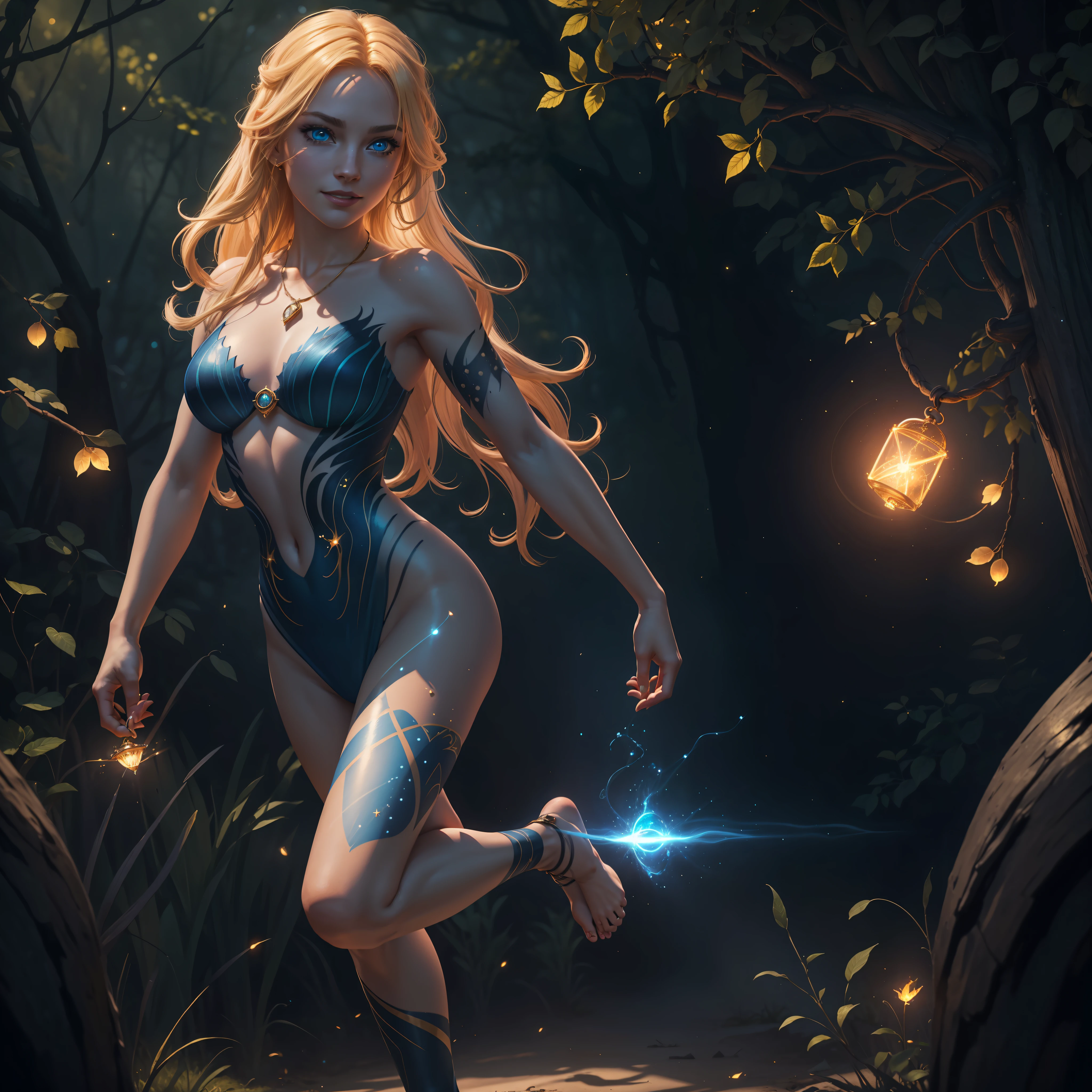 (extremely detailed CG unity 8k wallpaper, masterpiece, best quality, ultra-detailed), (an enchanting and captivating girl, with resplendent golden hair), (elven:0.5), looking at viewer, full body, (dynamic angle, dazzling blue eyes, exquisite necklace, enchanting smile), (a background of magic and mystery, fireflies, glowing particles, ethereal mist, and a touch of darkness), high saturation, cinematic light, rim lighting, best shadow, dancing, dragon tattoo on a leg, bodypaint on the pubic hair, streaked hair, blue eyes,