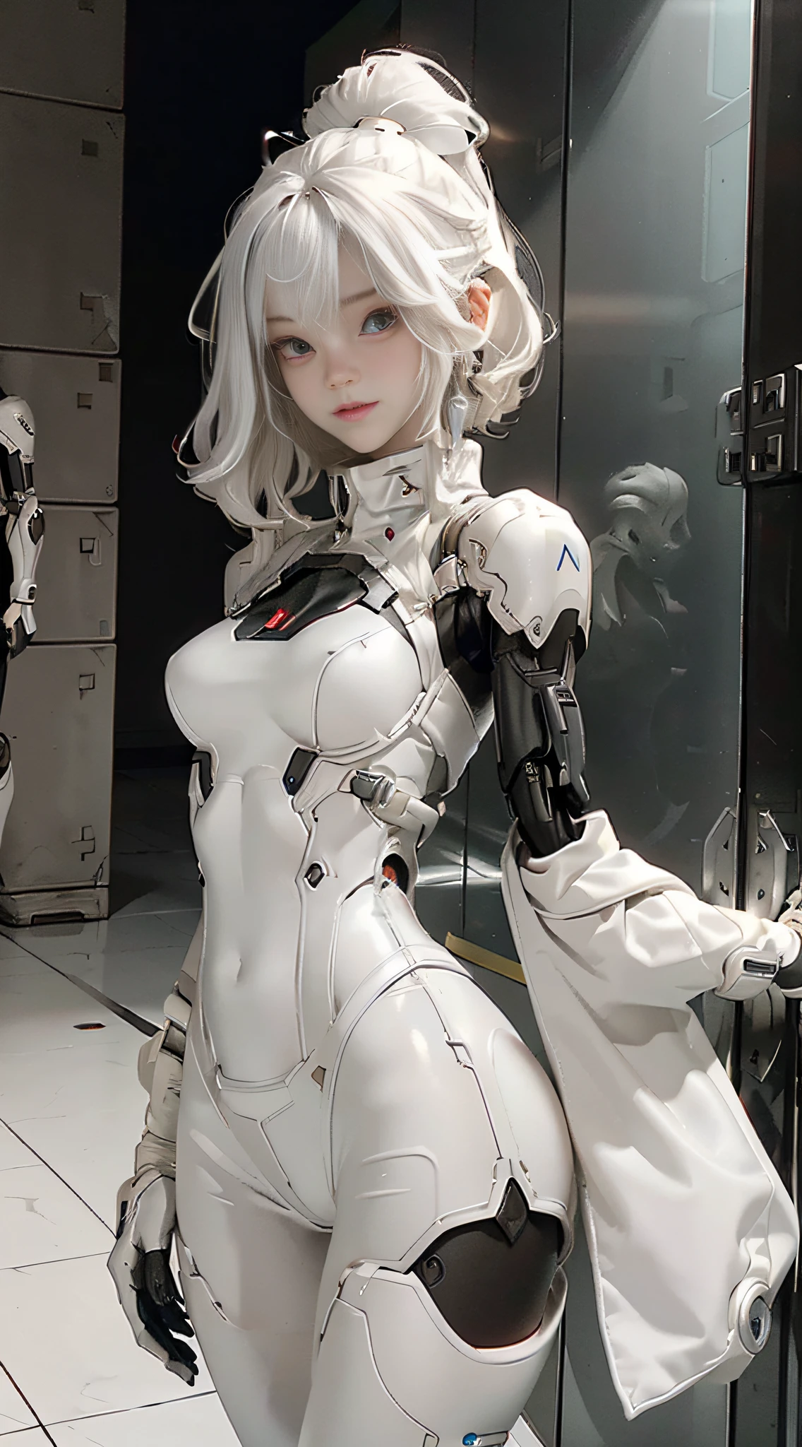 Extremely cute human girl face, human torso, human huge boobs, human abdomen, human hips, robotic arms, mechanical legs, arms and legs with hard white shiny shell and black joints, very beautiful and feminine, short, petite, small, small, busty buttocks, medium bust, cleavage display, flat belly display, partial helmet with antenna on the ear, black robot joints, very stylish, award-winning product design, black rubber tights, Shiny white metal cuirass opens at cleavage and belly, white metal rump with folds, armor with stylish, glowing trim, mecha fox tail