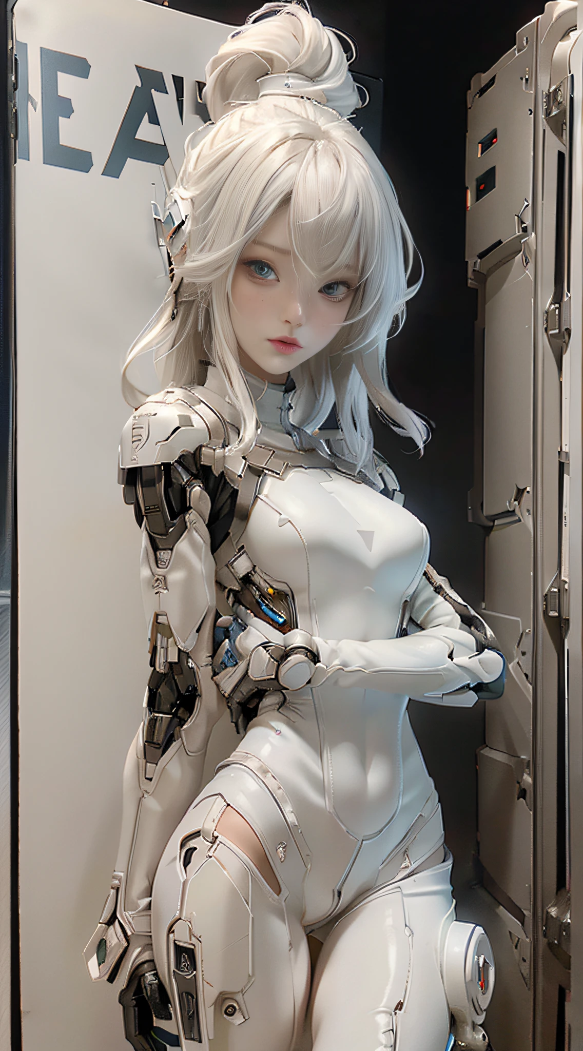 Extremely cute human eighteen year old girl face, human torso, human huge boobs, human abdomen, human hips, robotic arms, mechanical legs, arms and legs with hard white shiny shell and black joints, very beautiful and feminine, short, petite, small, small, busty buttocks, medium bust, cleavage display, flat belly display, partial helmet with antenna on the ear, black robot joints, very stylish, award-winning product design, black rubber tights, Shiny white metal cuirass opens at cleavage and belly, white metal rump with folds, armor with stylish, glowing trim, mecha fox tail