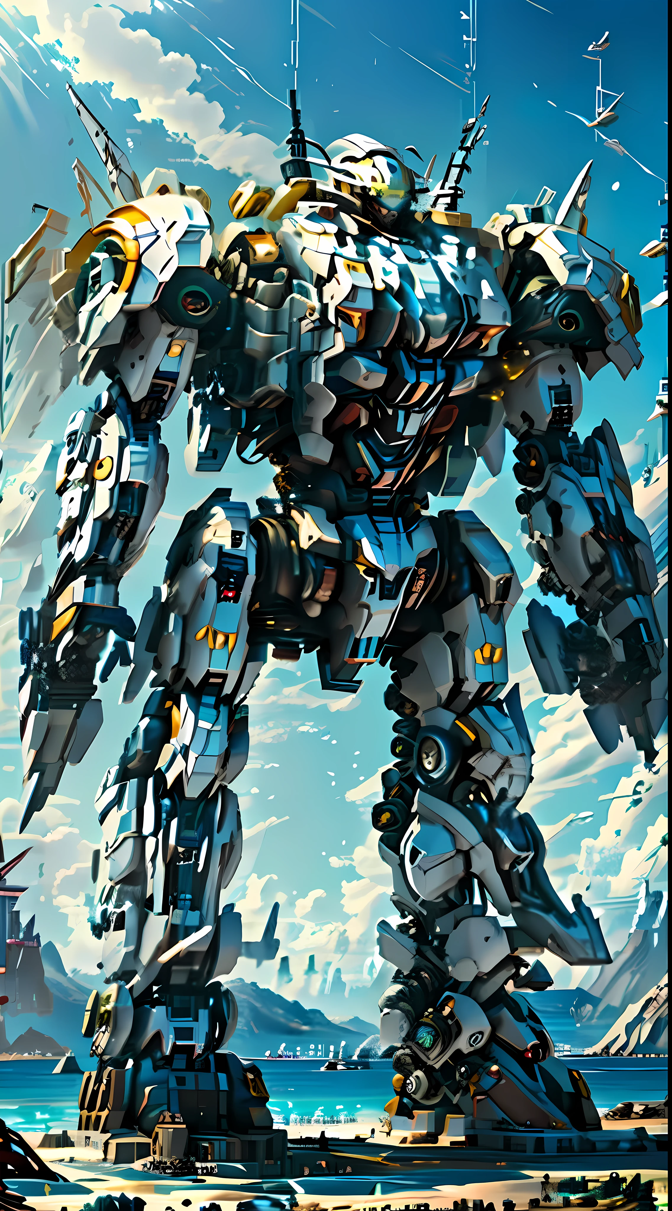 ((masterpiece,best quality)),((ultra-detailed)), ((illustration)),
Giant mech,walking,Giant Mech in the sea,
Miniature building model,Miniature battleships,
outdoors, day,sea,