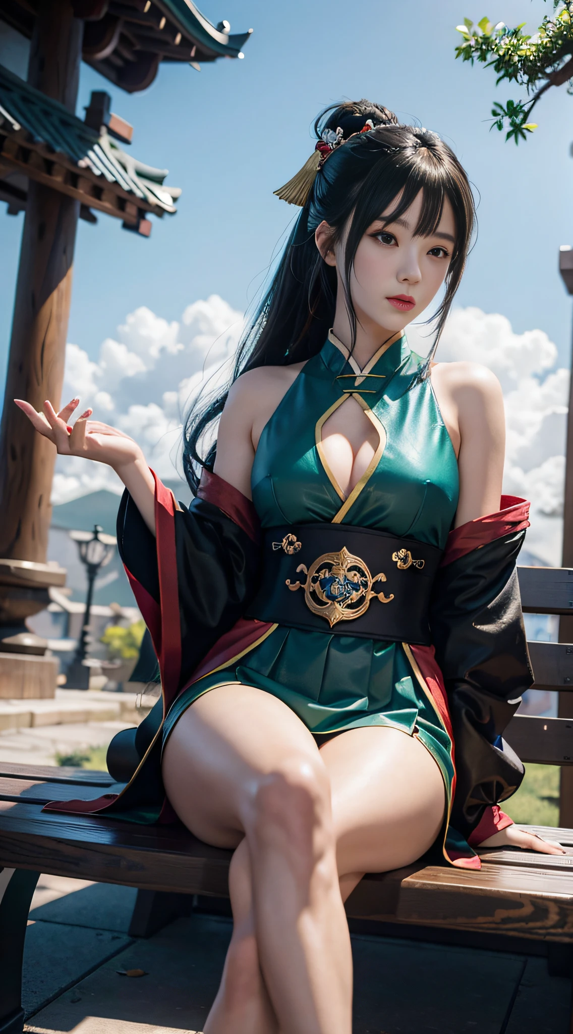 anime - style image of a woman sitting on a bench with two swords, by Yang J, onmyoji detailed art, keqing from genshin impact, 2. 5 d cgi anime fantasy artwork, onmyoji, by Shitao, guweiz on pixiv artstation, artgerm and atey ghailan