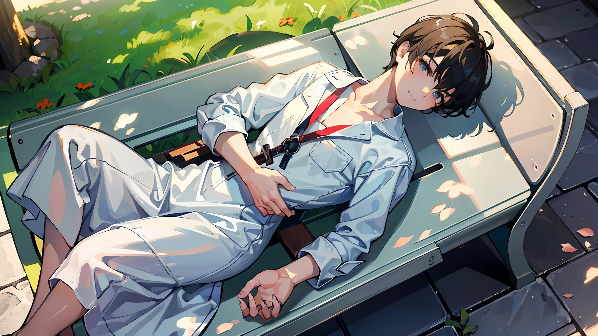 A young man, white hospital gown, park, bench, (lying on bench: 1.2), looking down at the camera, full body, (night: 1.2), half of the man's body hidden in shadows, (masterpiece: 1.2), best quality, masterpiece, hired, original, extremely detailed wallpaper, perfect lighting, (very detailed CG: 1.2),