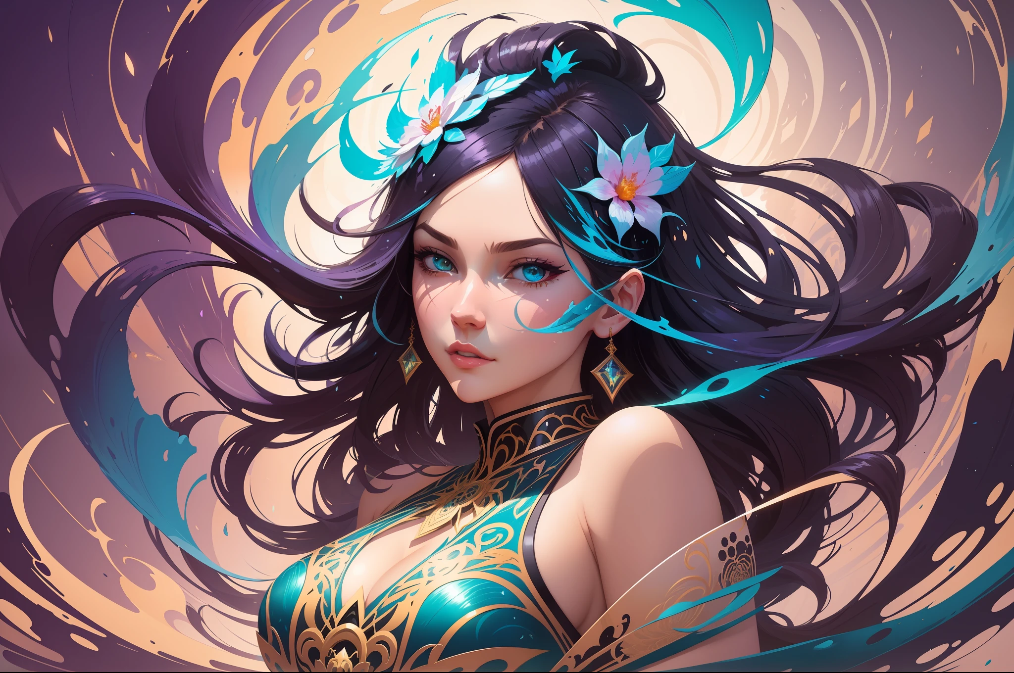 flat vector art, woman, beautiful anime style woman, flat color, wide angle, Dancer fine art filigree, paper marbling! Oil splash!! Oil stained!!", intricate hyperdetailed fluid gouache illustration by Android Jones: By Ismail Inceoglu and Jean Baptiste mongue: James Jean: Erin Hanson: Dan Mumford: professional photography, natural lighting, volumetric lighting maximalist photoillustration 8k resolution concept art intricately detailed, complex, elegant, expansive, fantastical