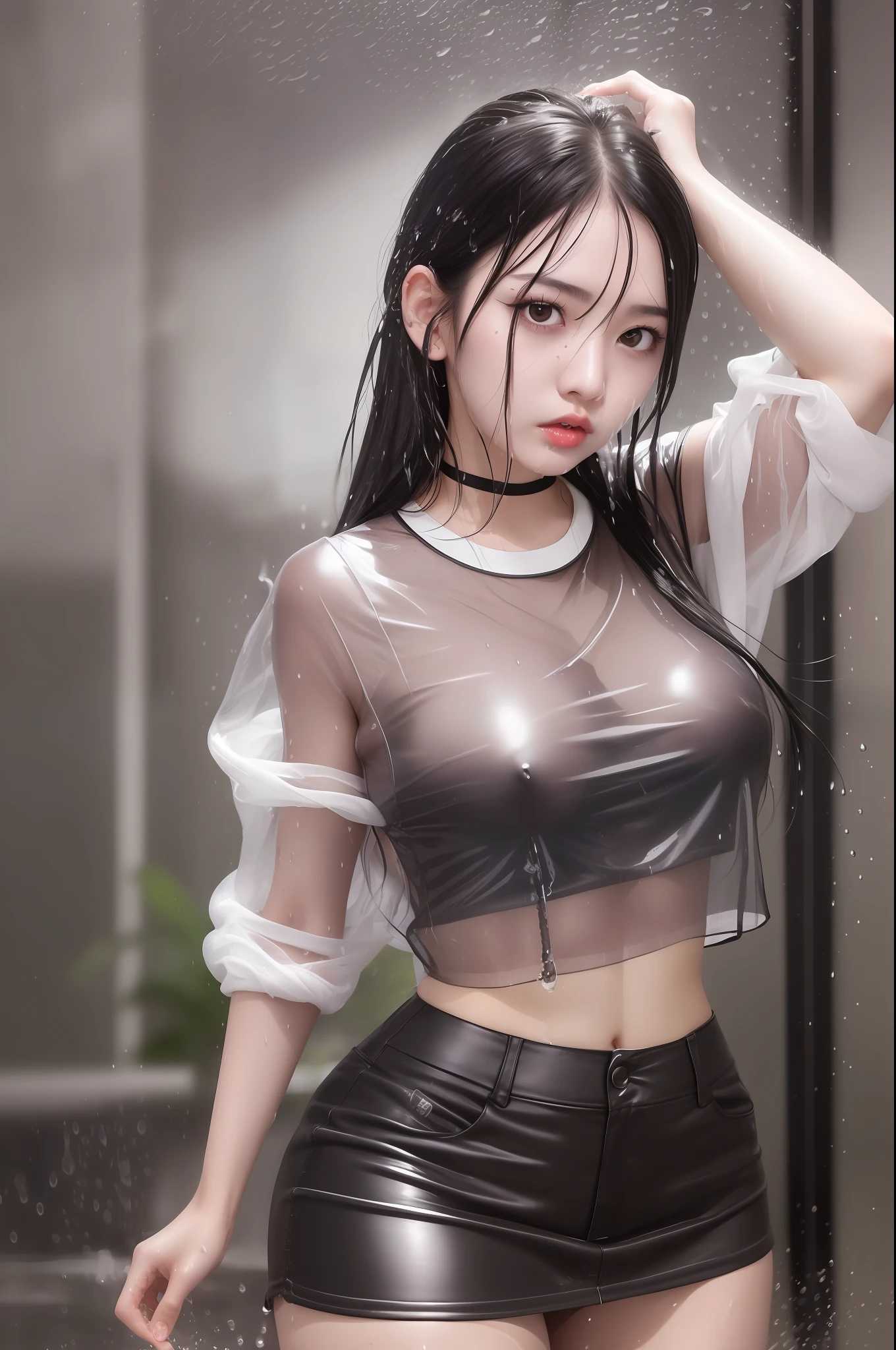 photorealistic, high resolution,photo of a girl, black hair, korean, light brown eyes, ((soaked) white shirt), skimpy tight black shorts, thick thighs, (((wet see-through), rainy)), (NSFW:1.2)