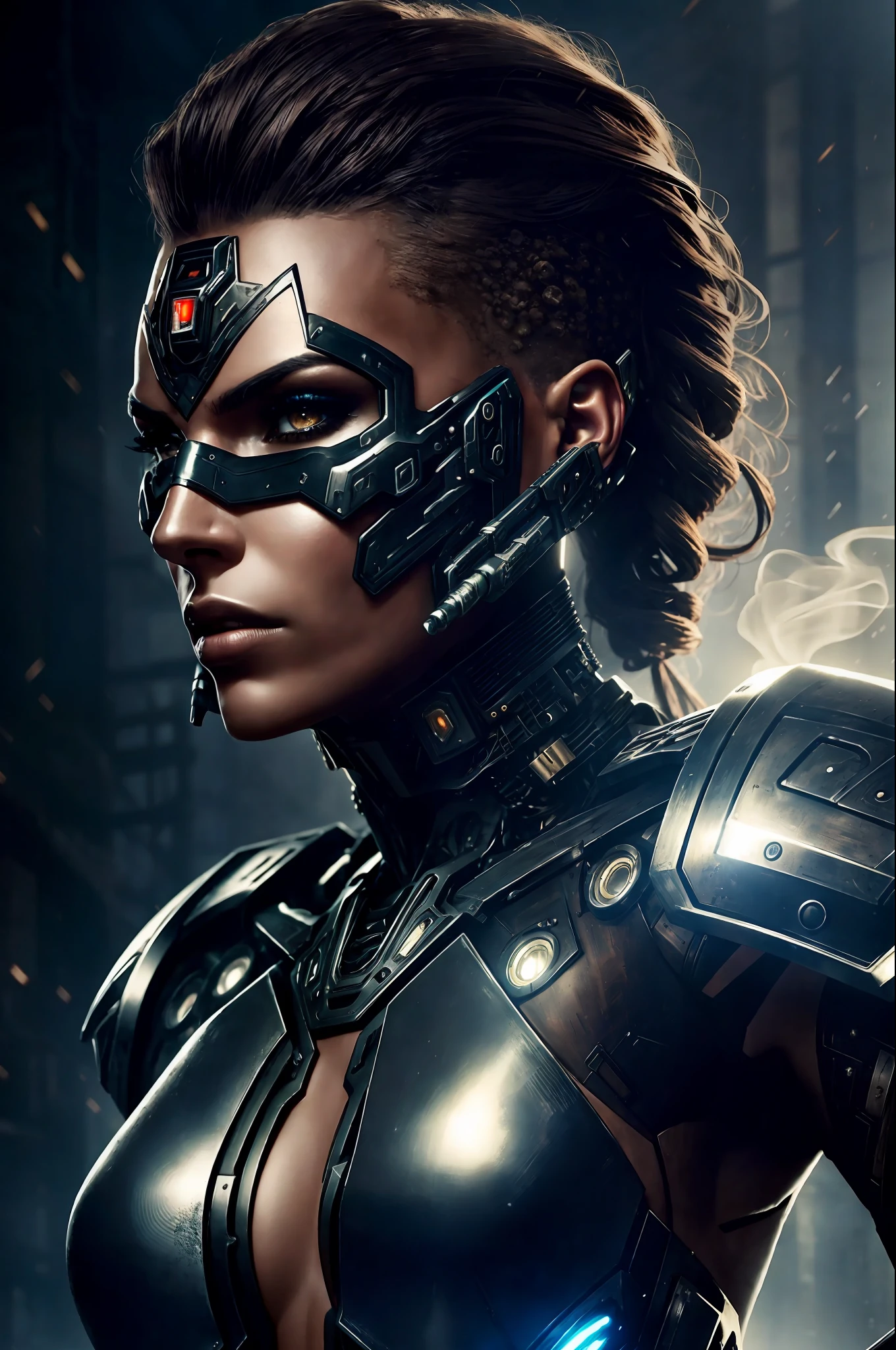 a beautiful woman cyborg warrior in the Style-RustMagic, cyberpunk augmentation, cyberware, cyborg, carbon fiber, chrome, implants, metal skull, cyber plate armor, (dark atmosphere:1.2), (fog & smoke), (dark night:1.3), scars, (dark medium length disheveled hair:1.1), (eyeshadow:1.1), (beautifully detailed glow:1.2), (Cinematic lighting), intricate detail, highres, rounded eyes, detailed facial features, sharp focus, smooth, aesthetic, detailed dark industrial factory background, stylish pose, dynamic pose, (dramapaint), (opt-6000:0.9)