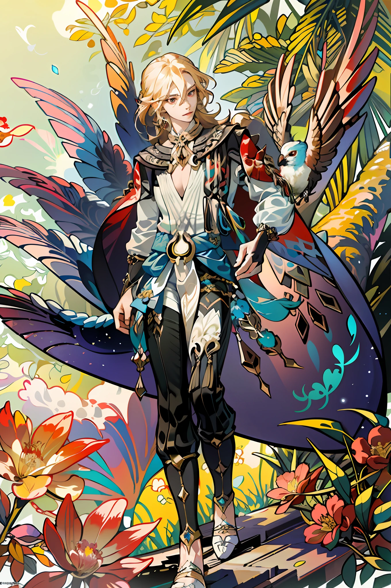 absurdres, highres, ultra detailed, 1male, mature, solo, extremely detailed eyes, (official art, beautiful and aesthetic:1.2), (1girl), extreme detailed,(fractal art:1.3),colorful,highest detailed, blond hair, red eyes, flowers around him, bird of paradise flying around, sunset light, light from the back, colorful birds sitting on his hand and shoulder