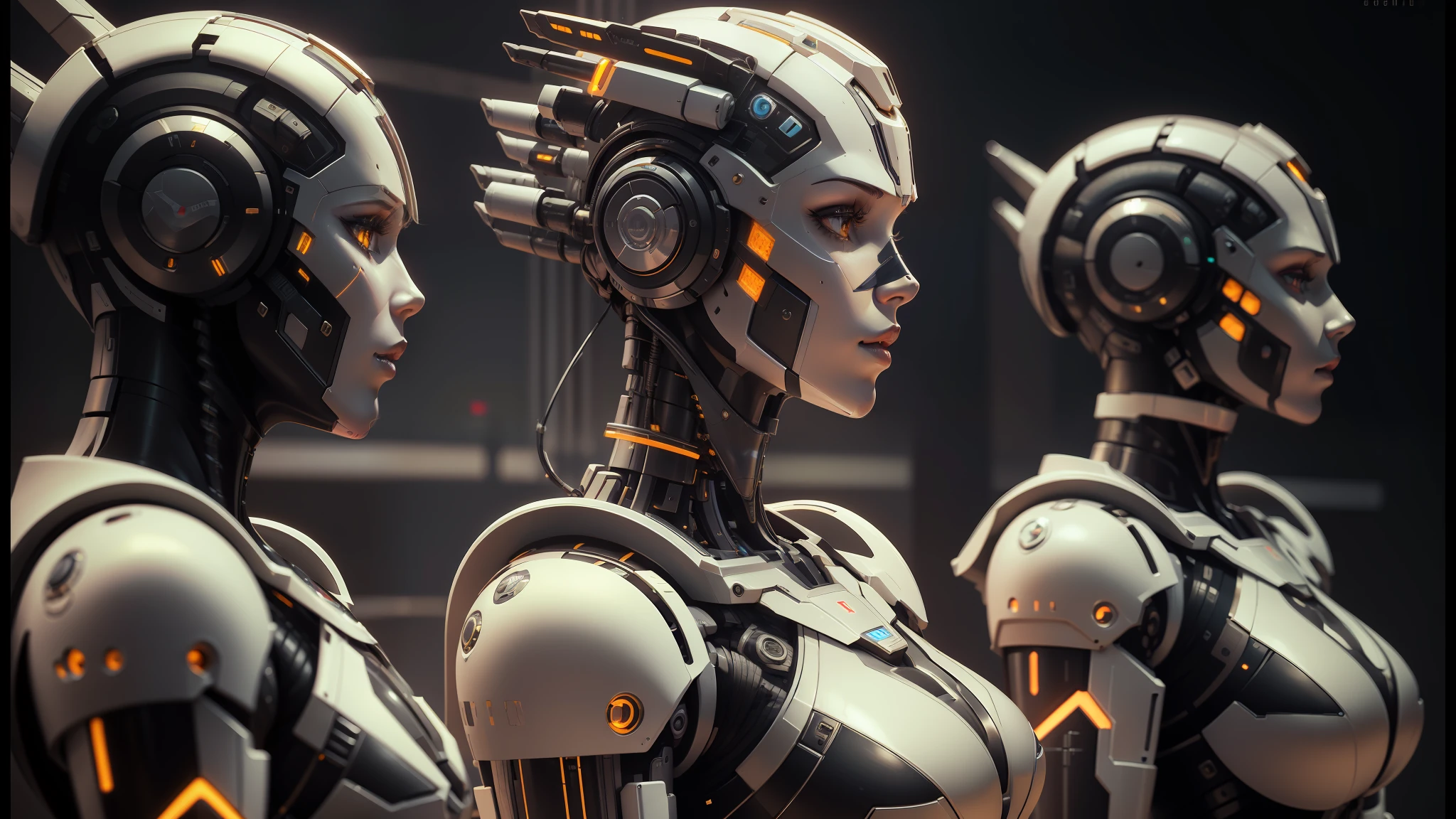 there are many robots that are standing together in a row, machines and futurist robots, cgsociety 9, futuristic precious metals, beautiful robot character design, beautiful alluring female cyborg, futuristic robots, 8 k highly detailed ❤🔥 🔥 💀 🤖 🚀, robot cyborgs, portrait of a female android, female cyborg in data center, artificial intelligence gods --auto --s2