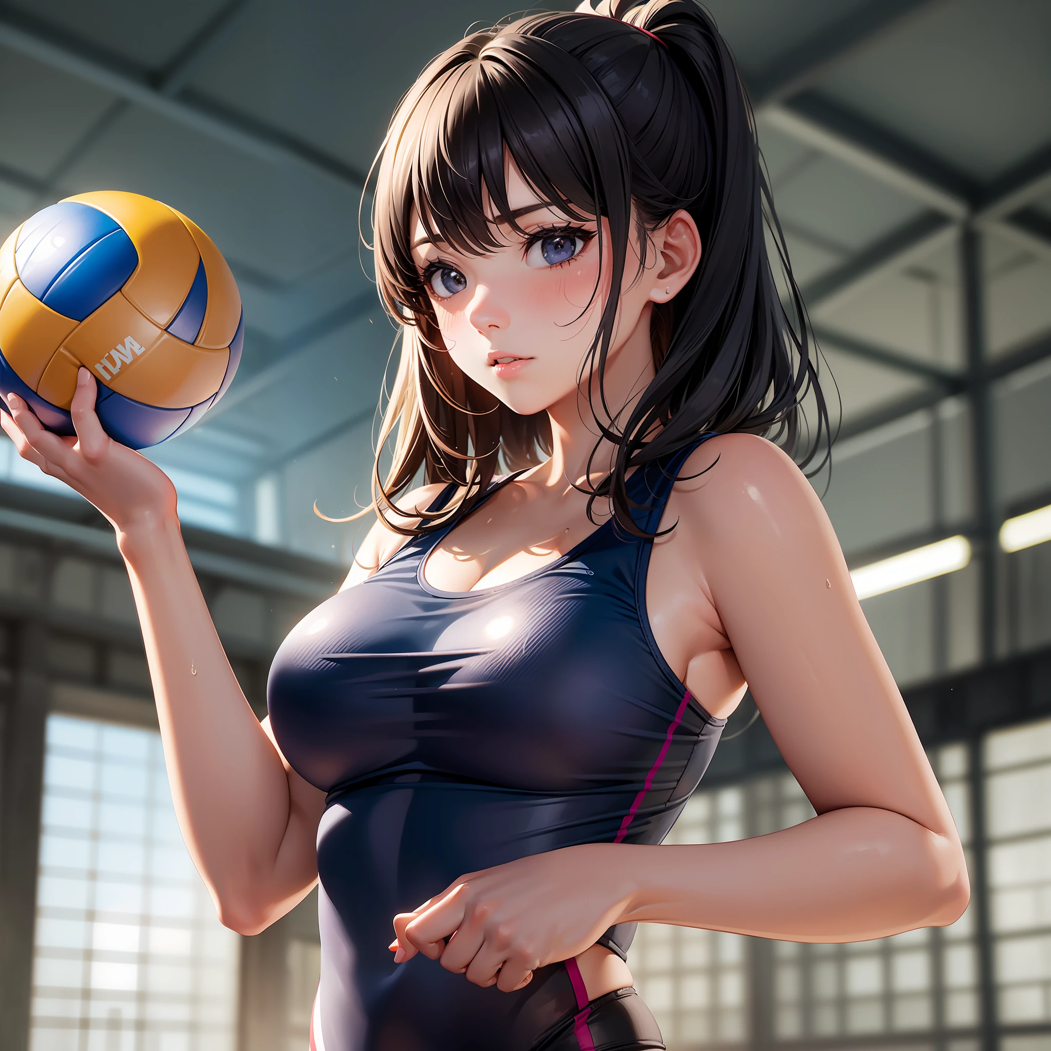 Professional women's photos, 1 girl, flirting, (shiny), morning, sexy, playing volleyball, costume with logo, gymnasium, backlight, (bangs), bloomers, (sweaty: 1.3), blurring background, (((beauty)), cool beauty,