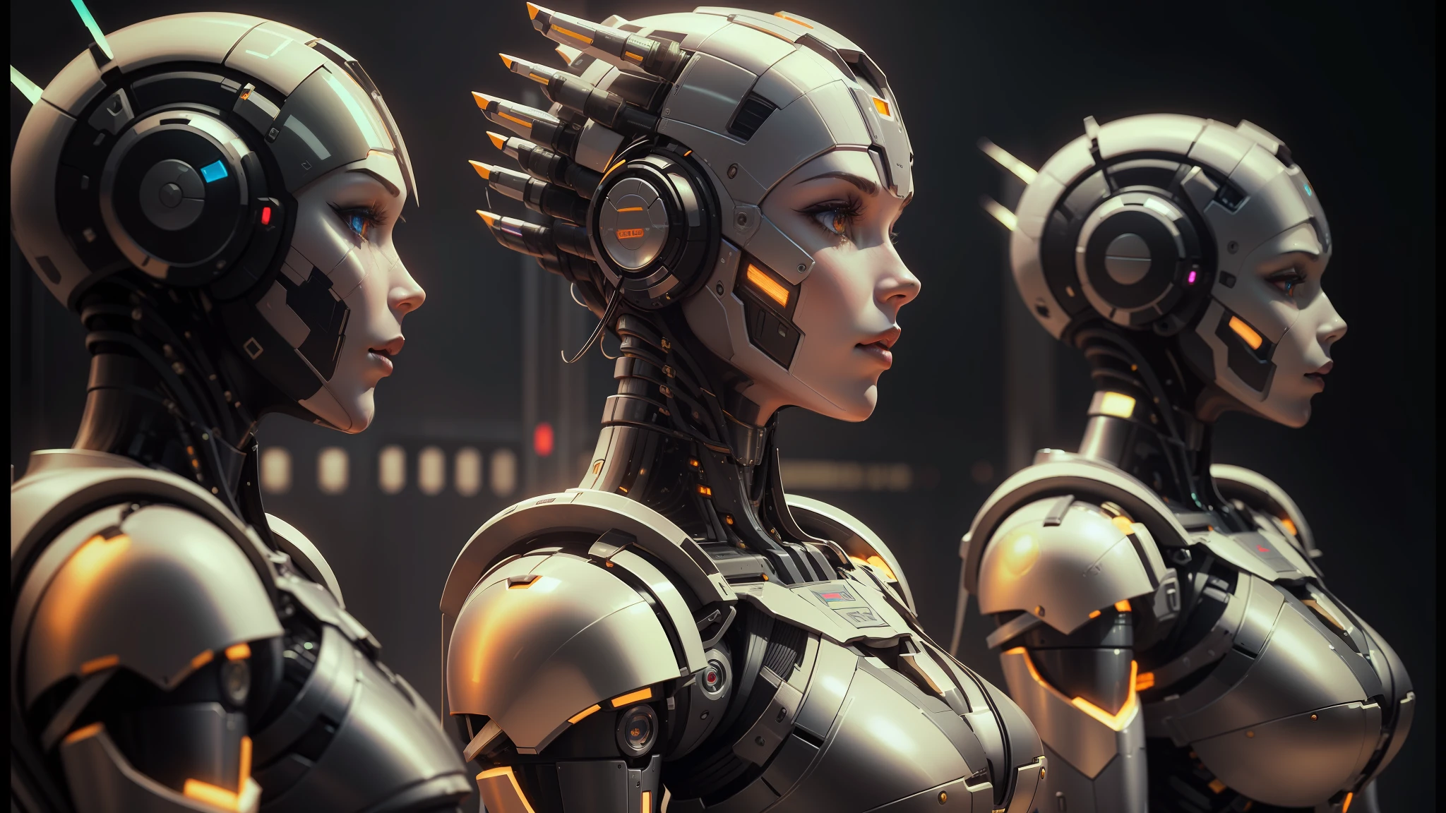 there are many robots that are standing together in a row, machines and futurist robots, cgsociety 9, futuristic precious metals, beautiful robot character design, beautiful alluring female cyborg, futuristic robots, 8 k highly detailed ❤🔥 🔥 💀 🤖 🚀, robot cyborgs, portrait of a female android, female cyborg in data center, artificial intelligence gods --auto --s2