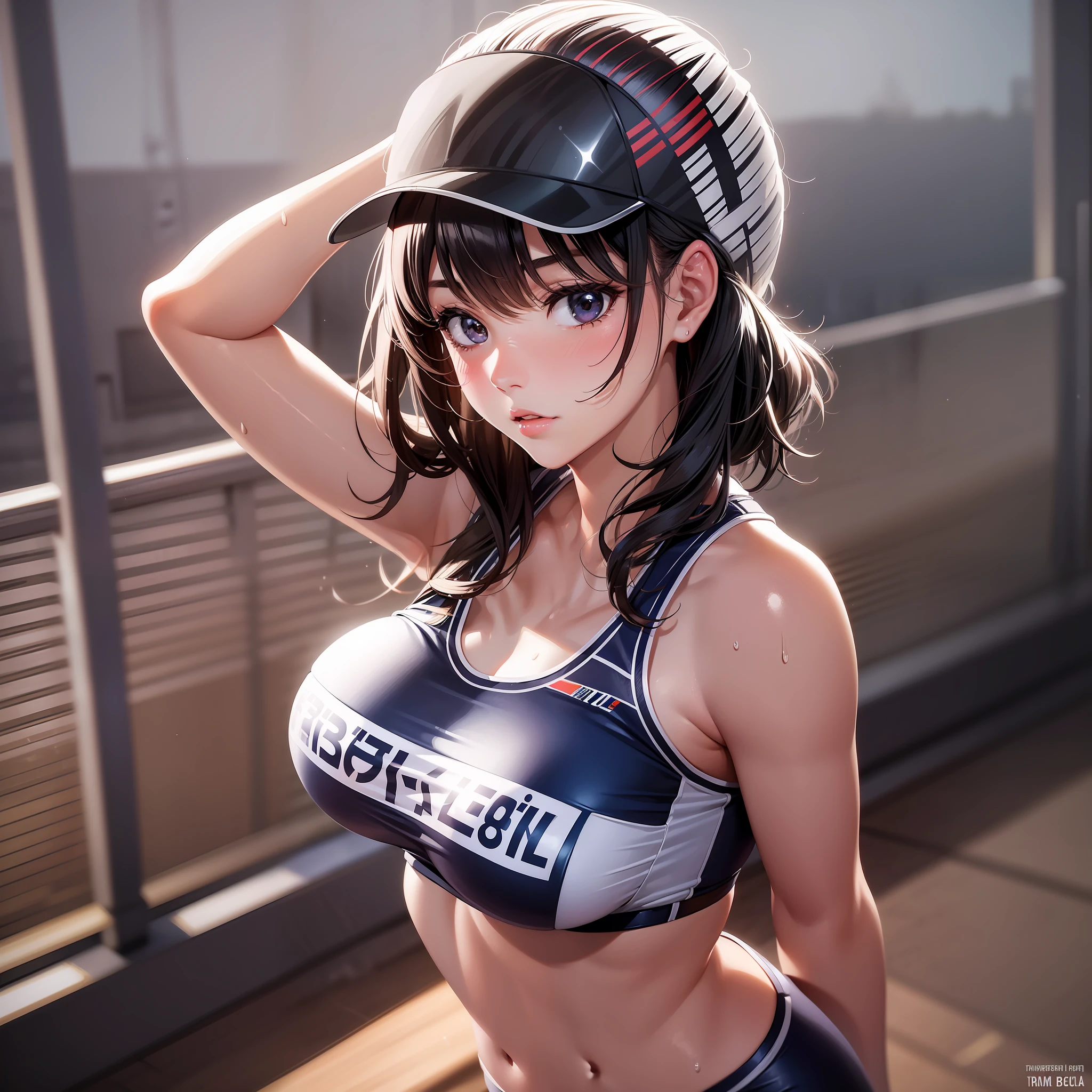 Professional women's photos, 1 girl, flirting, (shiny), morning, sexy, playing volleyball, costume with logo, gymnasium, backlight, (bangs), bloomers, (sweaty: 1.3), blurring background, (((beauty)), cool beauty,
