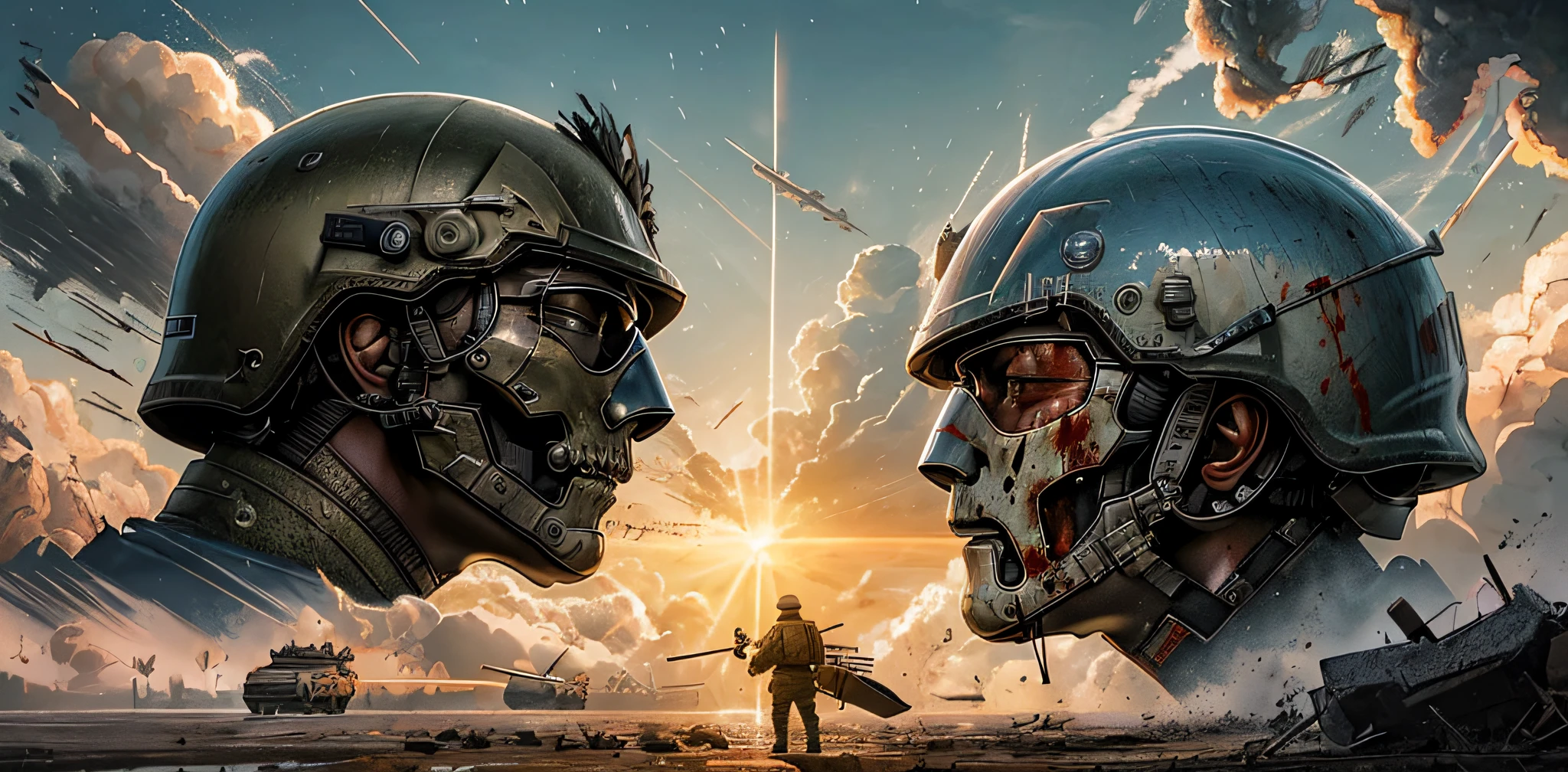((realistic artwork)), maximum quality, ultra-detailed, large size, impressive, best quality, masterpiece, depth of field, war,
battlefield with two armies, ((United States Army)), ((Chinese Army)), ((Futuristic weapons)), (United States flag and China flag), glasses, bulletproof helmet, ((Torn corpses, blood, only head on the ground)), destroyed planet earth appearing in the sky behind the battlefield, ((Armies facing each other)), place a flag of the United States versus flag of China