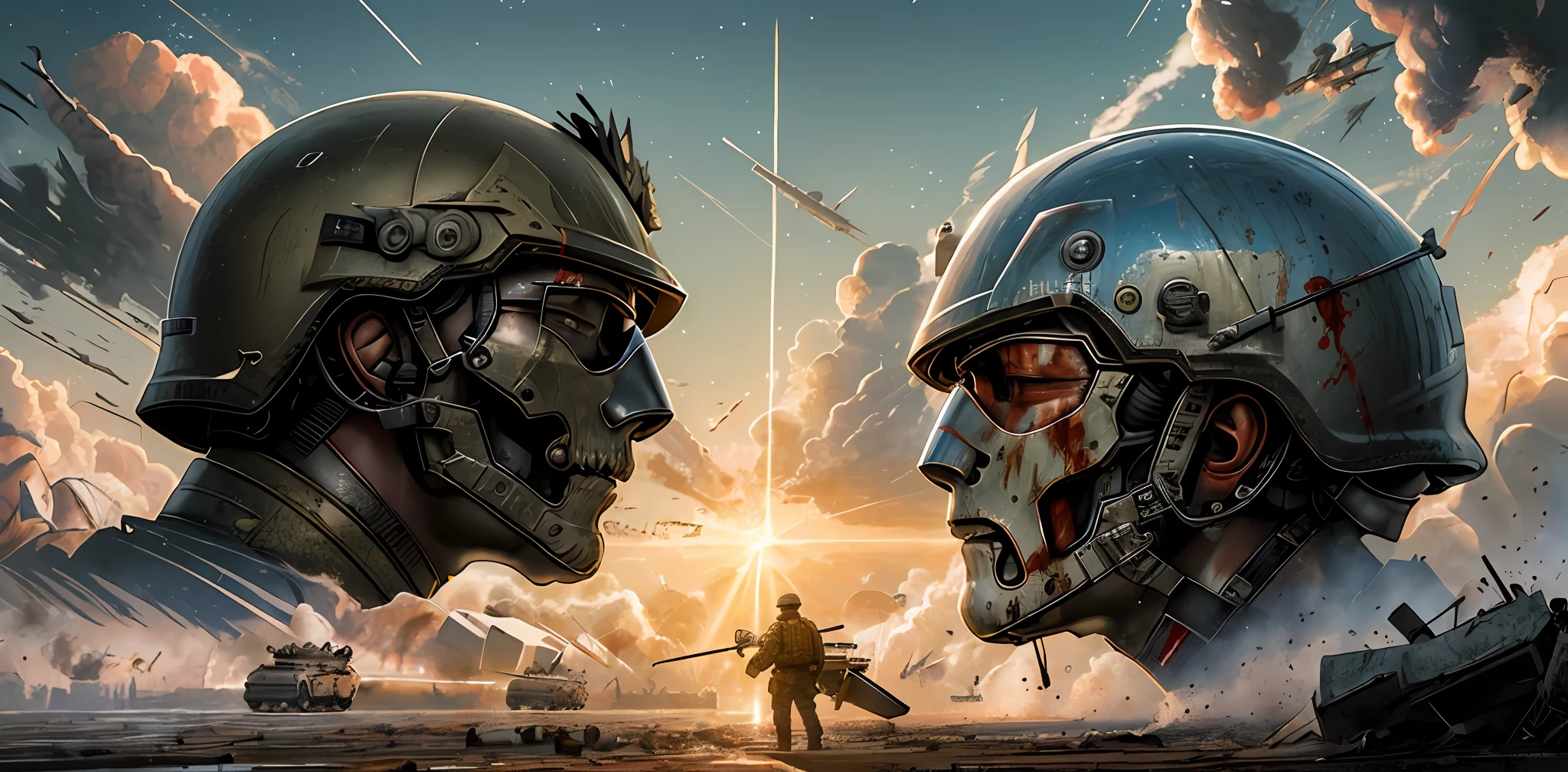 ((realistic artwork)), maximum quality, ultra-detailed, large size, impressive, best quality, masterpiece, depth of field, war,
battlefield with two armies, ((United States Army)), ((Chinese Army)), ((Futuristic weapons)), (United States flag and China flag), glasses, bulletproof helmet, ((Torn corpses, blood, only head on the ground)), destroyed planet earth appearing in the sky behind the battlefield, ((Armies facing each other)), place a flag of the United States versus flag of China