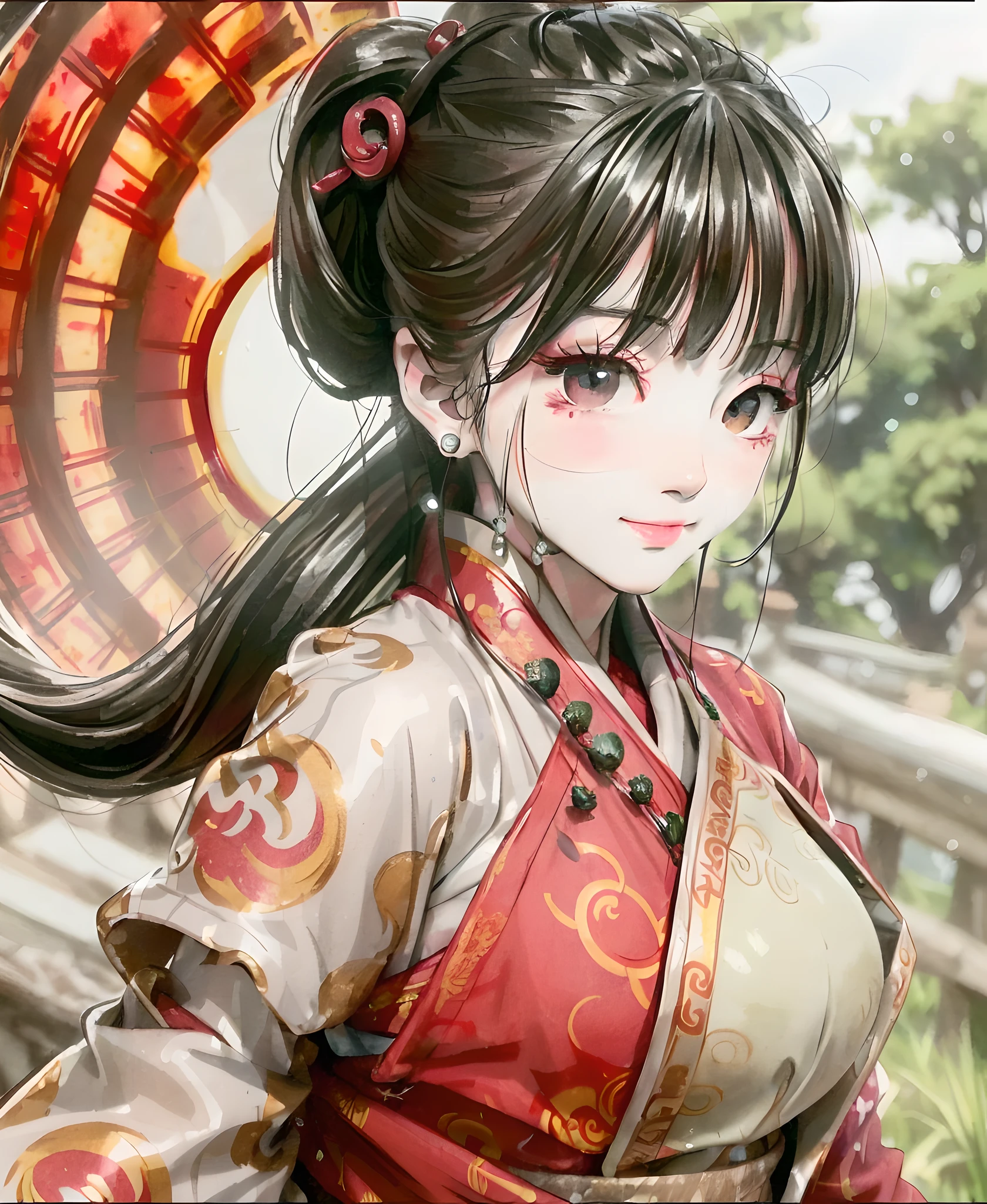 (Ultra High Resolution, Realistic, Best Quality, Realistic), (High Detail Skin, Visible Pores), (((Red Hanfu, Chinese Style))), Realistic, Simple Background, Upper Body, (8K, Original Photo, Best Quality, Masterpiece), (1 Girl), Photon Mapping, Teleportion, Physically Based Rendering, Auto White Balance, (((Unforgettable Smile, Long Hair))), Watery Eyes, (Blushing|Cute Playfulness|Moe|Skinny|Thick Bangs|Beauty|Double Ponytail|Bun,), (looking at the audience), (the iris and pupil are round, the pupil is reflected around, and the eye size is the same),