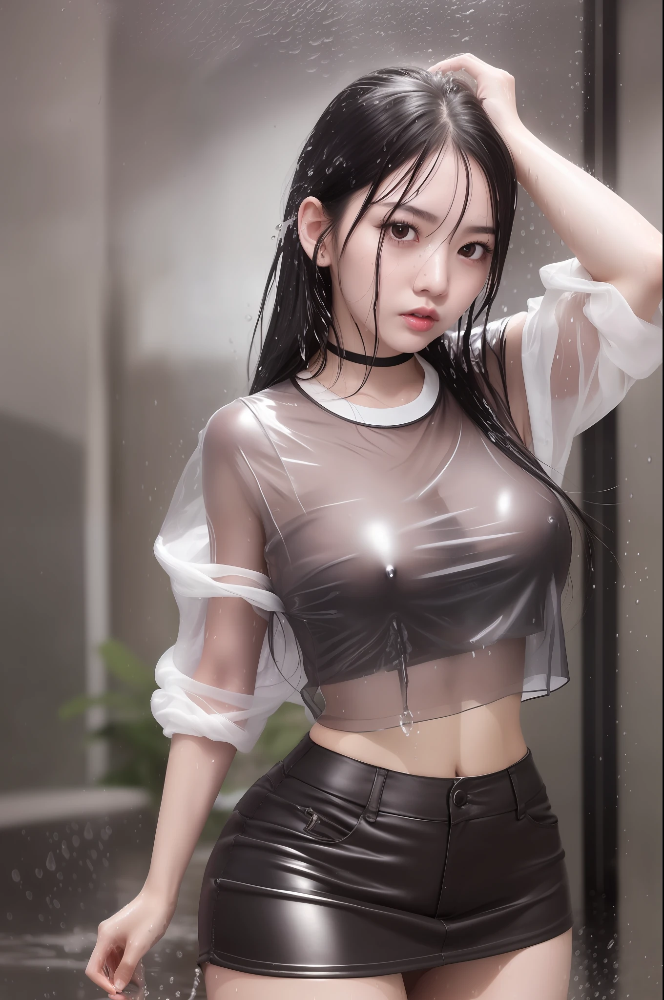 photorealistic, high resolution,photo of a girl, black hair, korean, light brown eyes, ((soaked) white shirt), skimpy tight black shorts, thick thighs, (((wet see-through), rainy)), (:1.2)