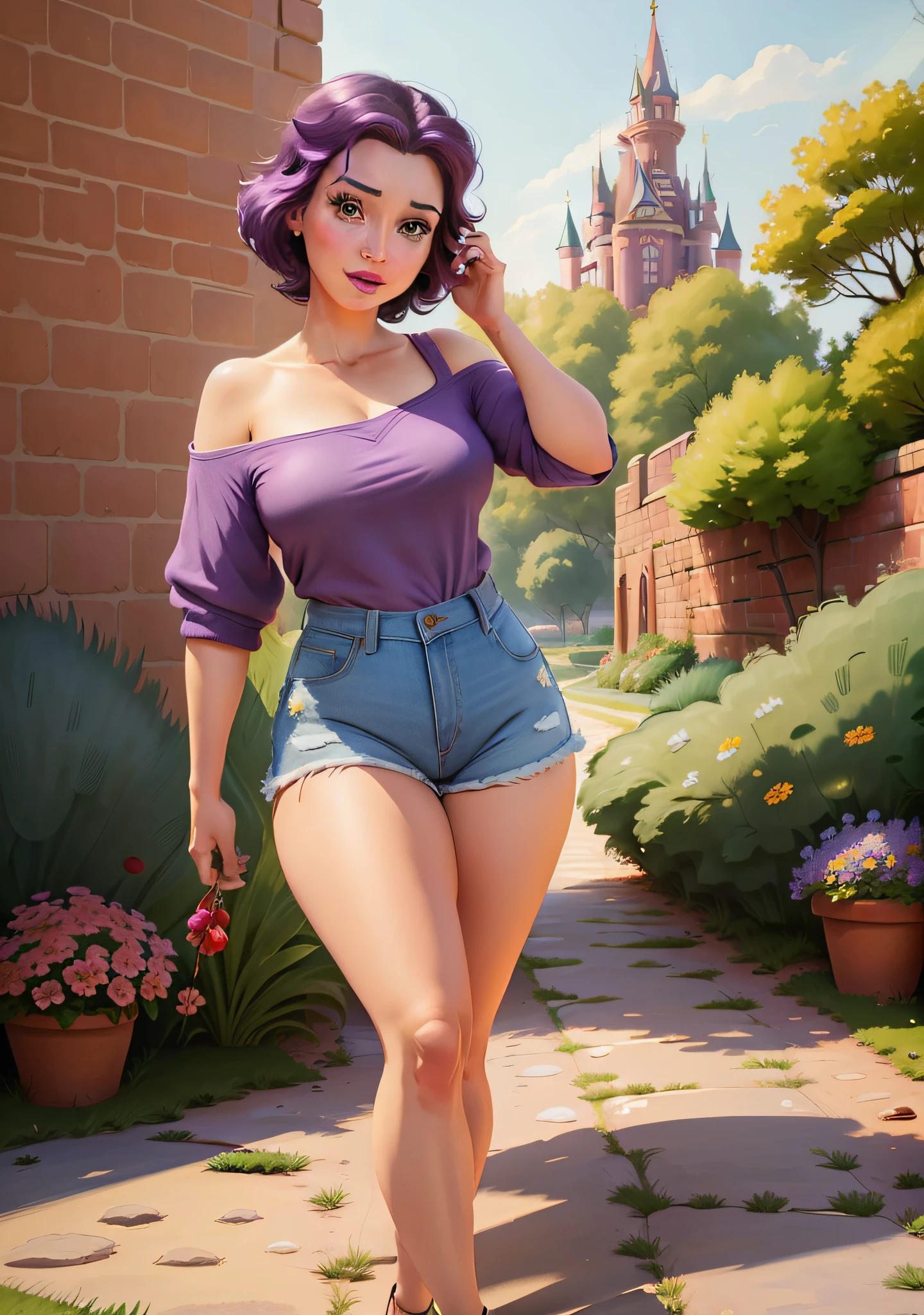 (BelleWaifu:1), surprised, cute, cute pose looking at the viewer, thick hips, (bob hairstyle), (purple hair), (denim shorts:1.2), (purple t-shirt on naked body:1.2), :D, curvy, (holding a red rose:1), (realistic: 1), (cartoon), (masterpiece: 1.2), (best quality), (ultra-detailed), (8k, 4k, intricate), (full-length shot: 1), (cowboy shot: 1.2), (85 mm), light particles, lighting, (very detailed: 1.2), (Detailed Face: 1.2), (Gradients), SFW, Colorful, (Detailed Eyes: 1.2), (Detailed Landscape, Garden, Plants, Castle:1.2),(Detailed Background),Detailed Landscape, (Dynamic Angle:1.2), (Dynamic Pose:1.2), (Rule third_composition:1.3), (Line of Action:1.2), Wide Shot, Daylight, Solo,